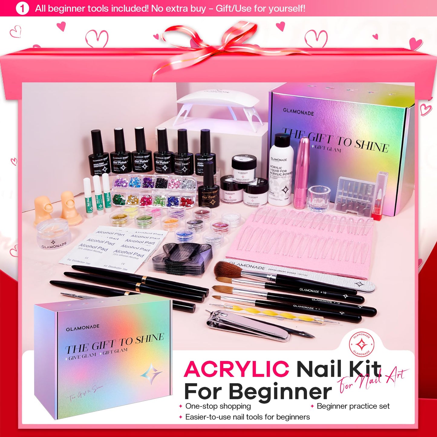 Glamonade Acrylic Nail Kit for Beginners: Professional Nail Set with Drill Acrylic Powder Gel Polish Nail Stamp for Home Starter Practice & DIY Manicure