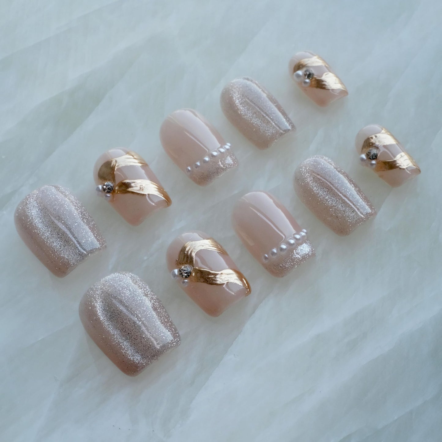 [GLORS] Purely Handmade Press On Nails | Elegant French Pink Pearl Gold Fake False Nail | Salon Quality in Short Square shape, 10 pieces (XS, SS)