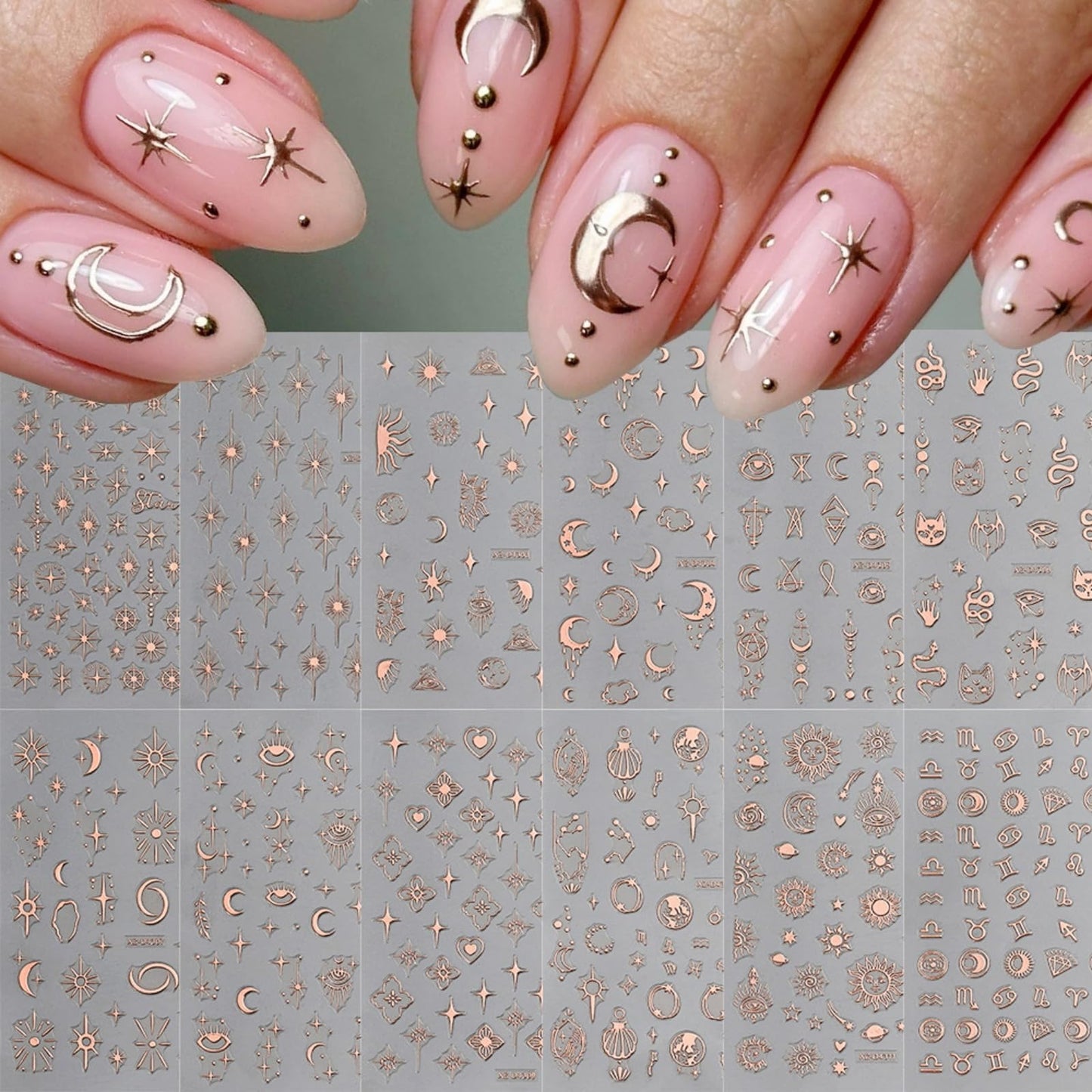 12 Sheets Rose Gold Nail Art Stickers, 3D Self-Adhesive Sun Moon Stars Designs Nail Sticker Acrylic Manicure Decals Decorations Accessory for Women Girls