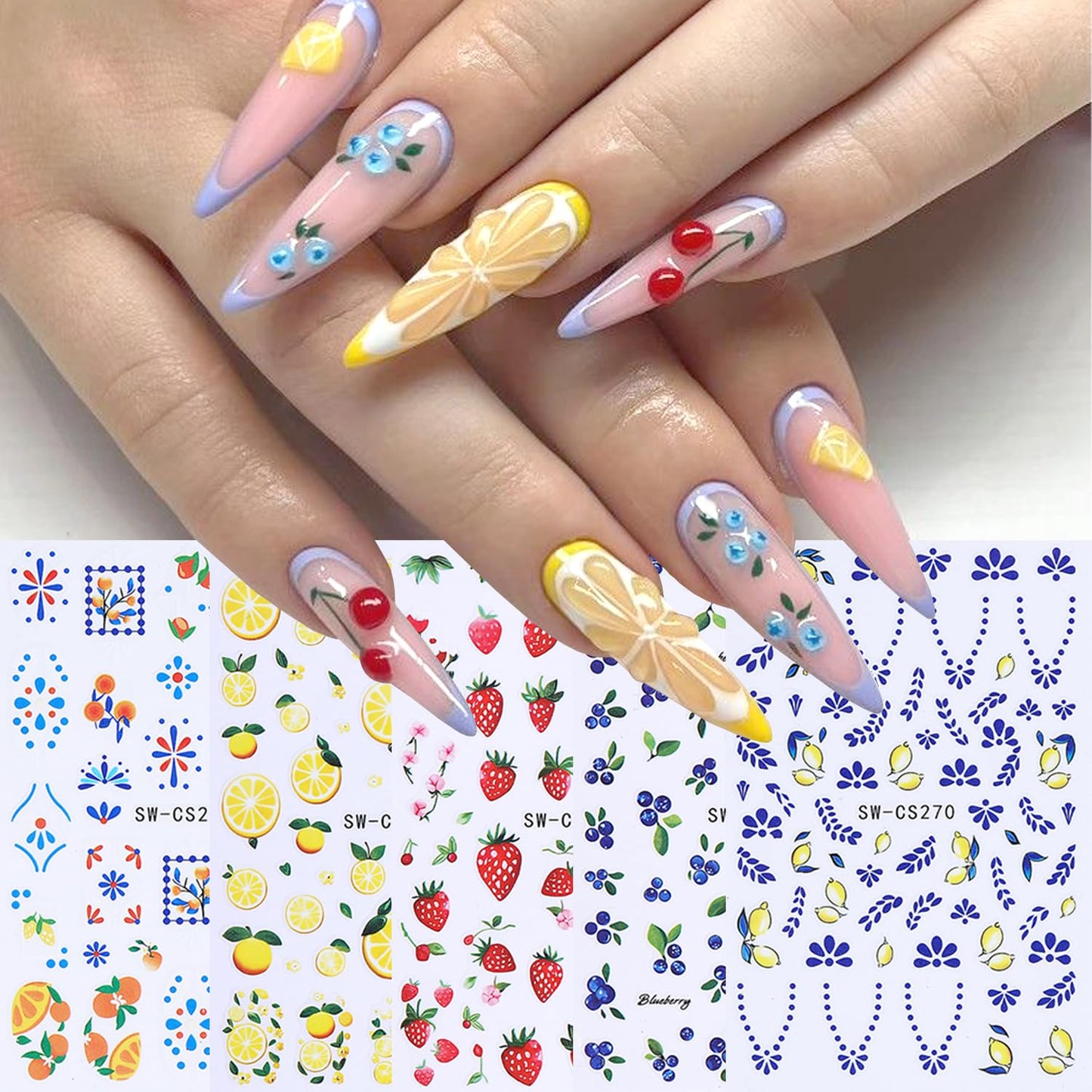 5Sheets Fruit Nail Art Stickers 3D Bohemia Fruit Design Nail Decals Self-Adhesive Flower Pattern Totem Lemon Nail Sticker Summer Strawberry Blueberry Nail Decal for Women DIY Nails Decoration Supplies