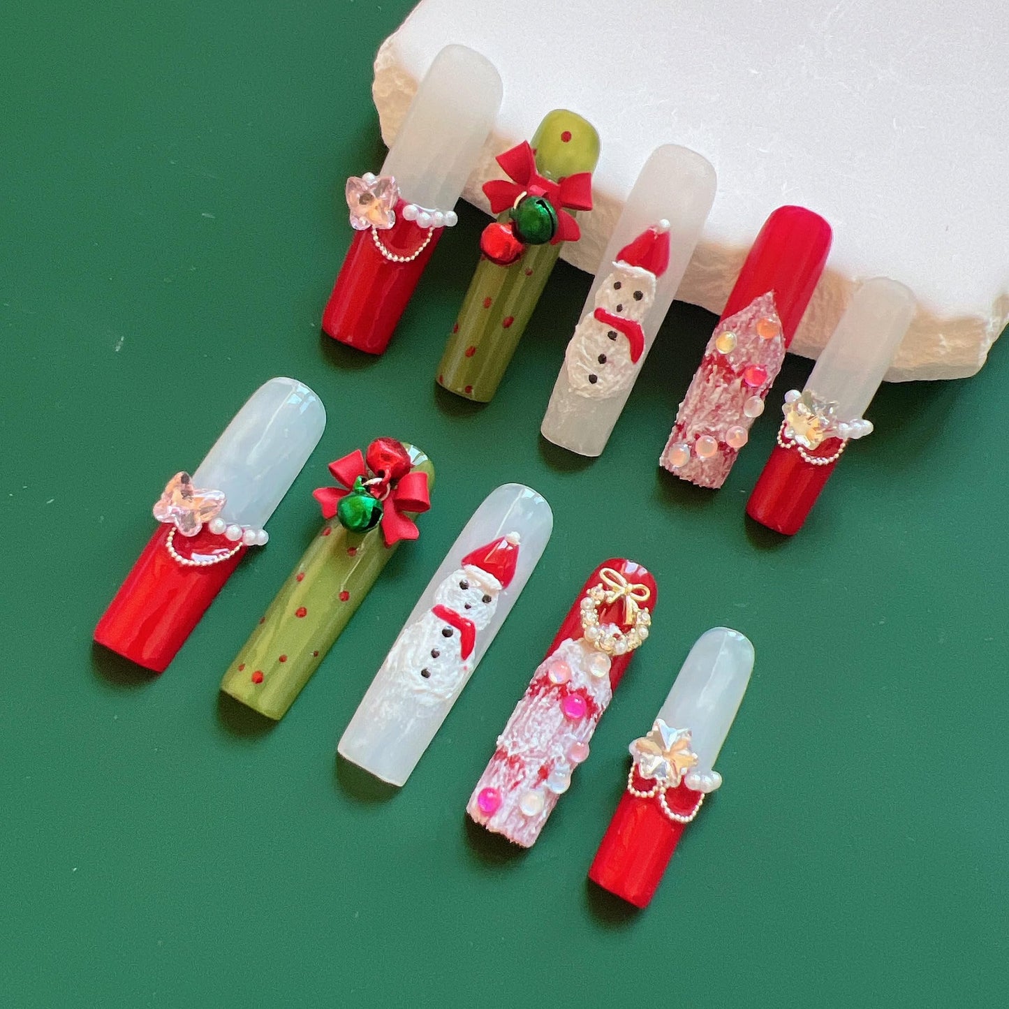 NAIL ANGEL 10PCS/SET Glamorous Handmade Press On Nails Christmas Xmas Holiday Bell Snowflake French Style Long Coffin Nails Party Nails XXL Long Artifical Tips ZJ14 (ZJ14, S)