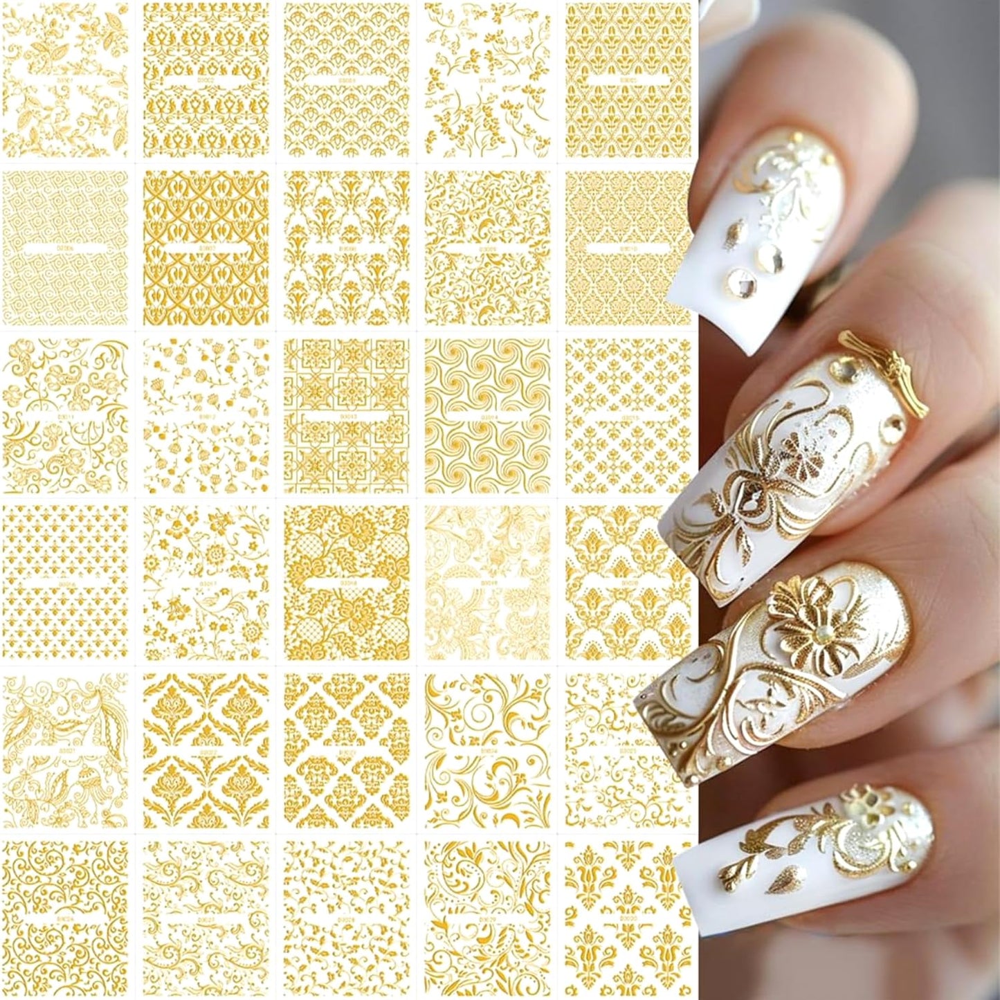 30 Sheet Nail Stickers,Gold Lace Flower Nail Art Stickers,3D Self-Adhesive Nail Decals,with Hollow Retro Floral Vine Design Spring,Gold Lace Floral Acrylic Nails Supplies for Women Manicure Decor