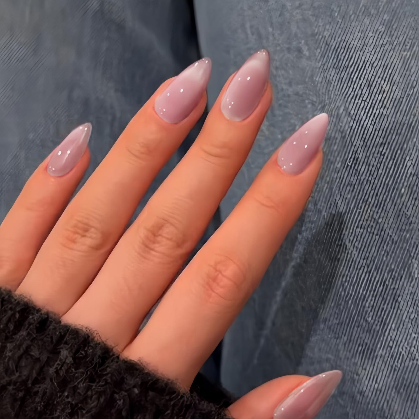 KQueenest Pastel Pale Pink Cat Eye Press on Nail Almond, 30 Pcs 15 Sizes Shiny Sparkle Fake Nails Press on Medium Stiletto, Custom Thick Quality, Reusable Cute Glue on Nail for Women Summer Party