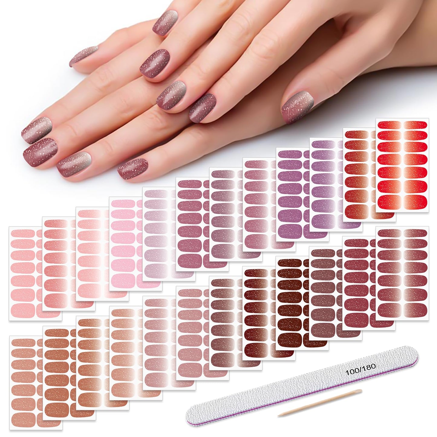 DANNEASY 336pcs/24 Sheets Nail Polish Strips, Nail Stickers Full Nail Wraps, Gel Nail Strips, UV Free | Self-Adhesive Sticker Nails for Women with 1 Nail File, 1 Wooden Stick - Ultra-Fine Glitter