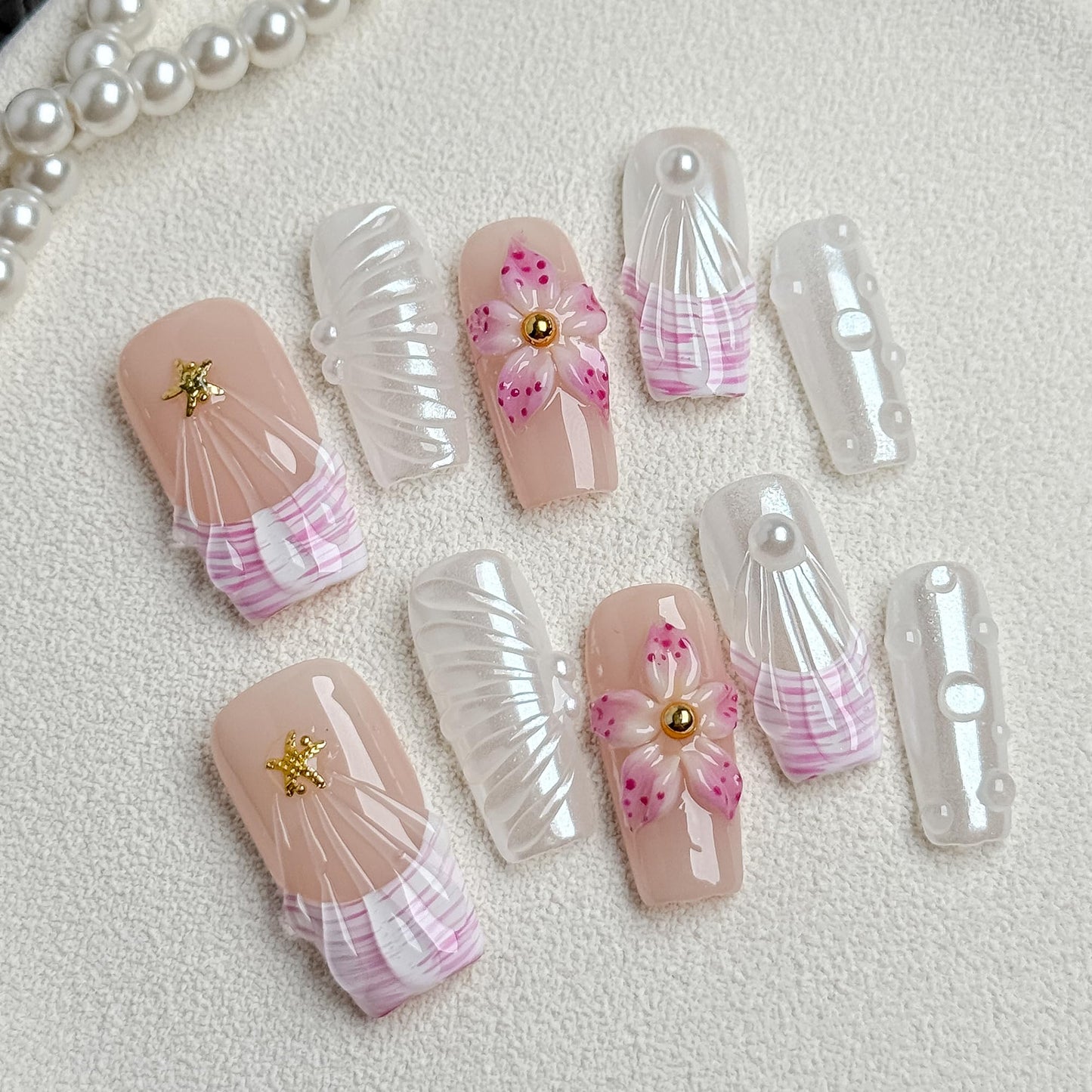 Pink Shell Dream Romantic 3D Floral Pearl Press on Nails, Elegant Girly Acrylic UV Gel Fake Nails for Women, Cute Press-Ons for Date Party Daily Wear (Pink, S)