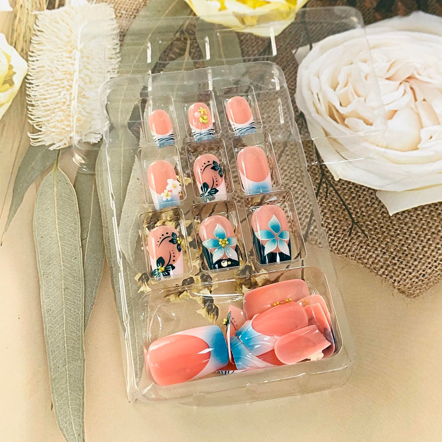 FIEONCIY Press on Nails Square Short Length Glossy Full Cover Acrylic Short Square Shaped False Nails with French Designs Artificial Fake Nails Glue Stick ons Fingernails for Women Girls(W2450)
