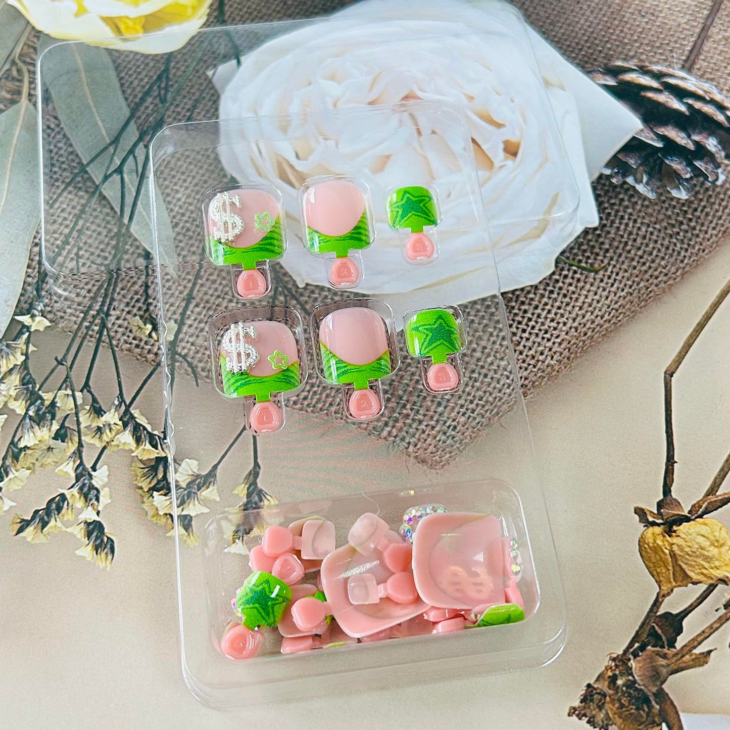 FIEONCIY Press on Toenails with Designs Acrylic Fake Nails for Toe Artificial False Nails with Charms Press on Toe Nails for Spring Summer Stick on Toenails for Women Girls(WSJ2502)