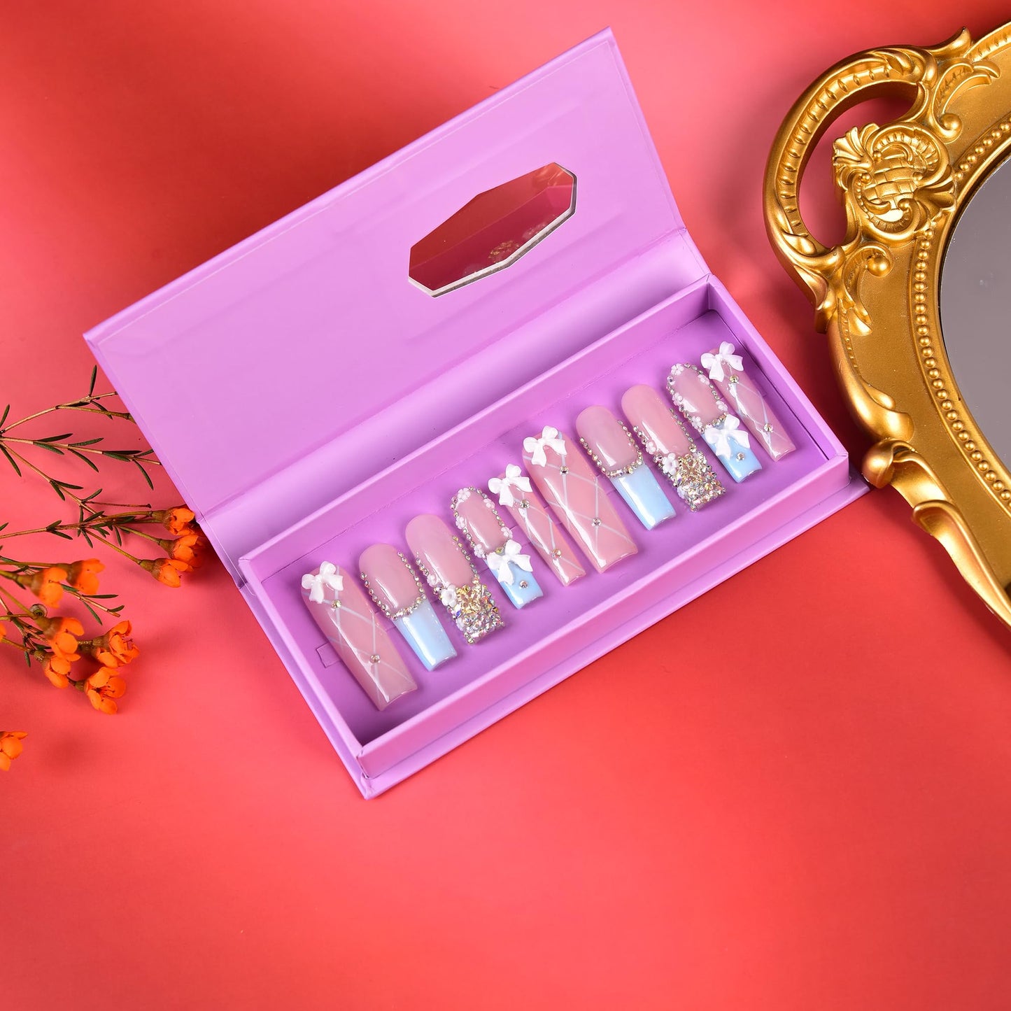 Tmani 10pc/set Extra Long Handmade Press On Nail Hot Girl's Long Ballet Square Nail Full of Diamond Glitter Decoration Fake Nails Suitable For Girls Festival Parties and Birthday Gift（238,Size-L)