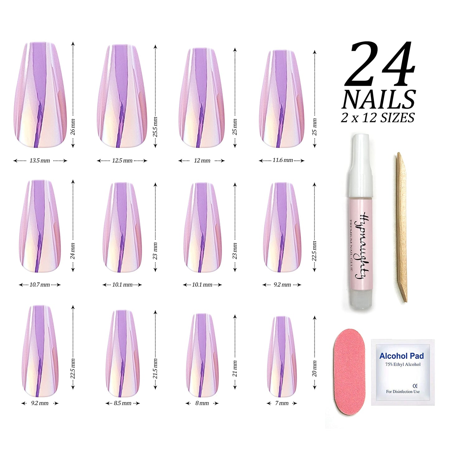 Hypnaughty Press On Nails - Party Star Coffin & Light Pink Almond Chrome, Trendy & Salon Quality Reusable Nails With Kit