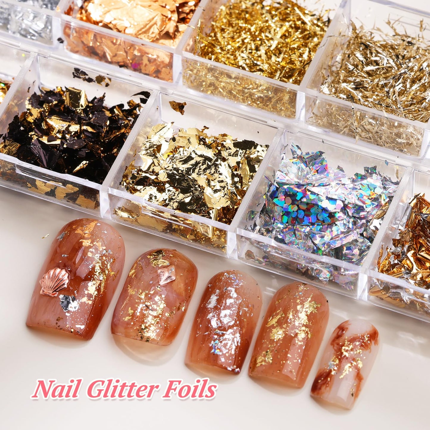 12 Boxes Nail Rhinestones Gems Kit,Gold/Silver Metal Studs,Mixed Sizes Flatback Crystals Rhinestones,Half Pearls,Sequins,Foil Flakes with Tweezers & Dotting Tools for DIY Manicure