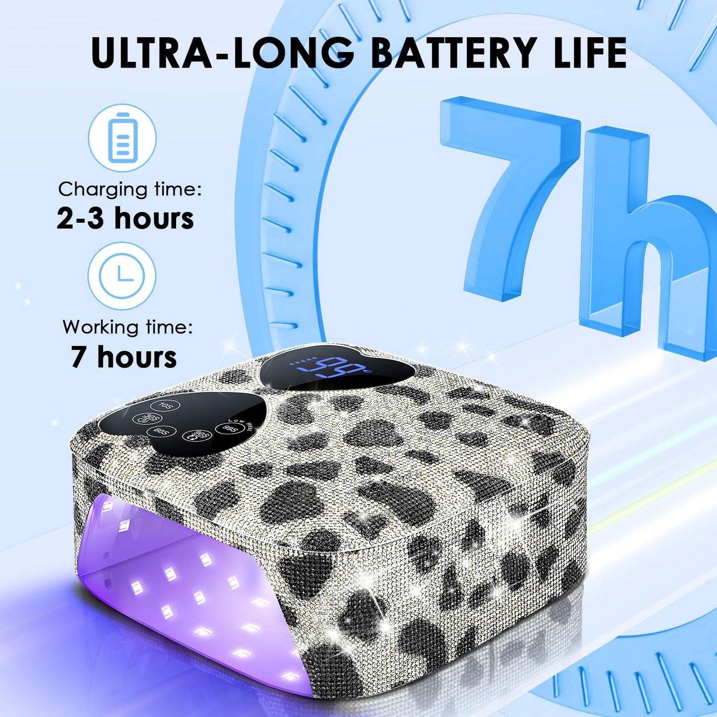 UV LED Nail Lamp Cordless, HUITINE 80W Rechargeable UV Light for Gel Nails with 5 Timers & Mirror Base, Professional Gel Light Dryer, Sparkling Rhinestones Curing Lamp for Salon & Home (Cow Diamond)