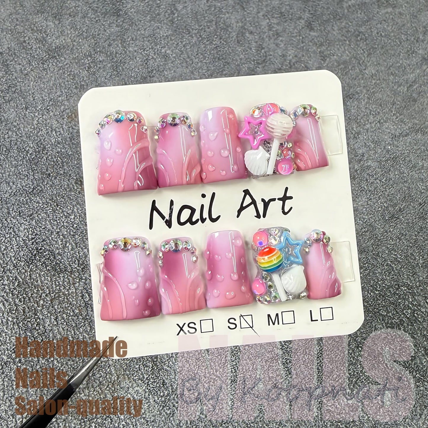 Handmade 3D Nail Art Press Ons Homemade Press On Nails French Tip With 3D Pink Star Flower Design Fake Nail For Women M