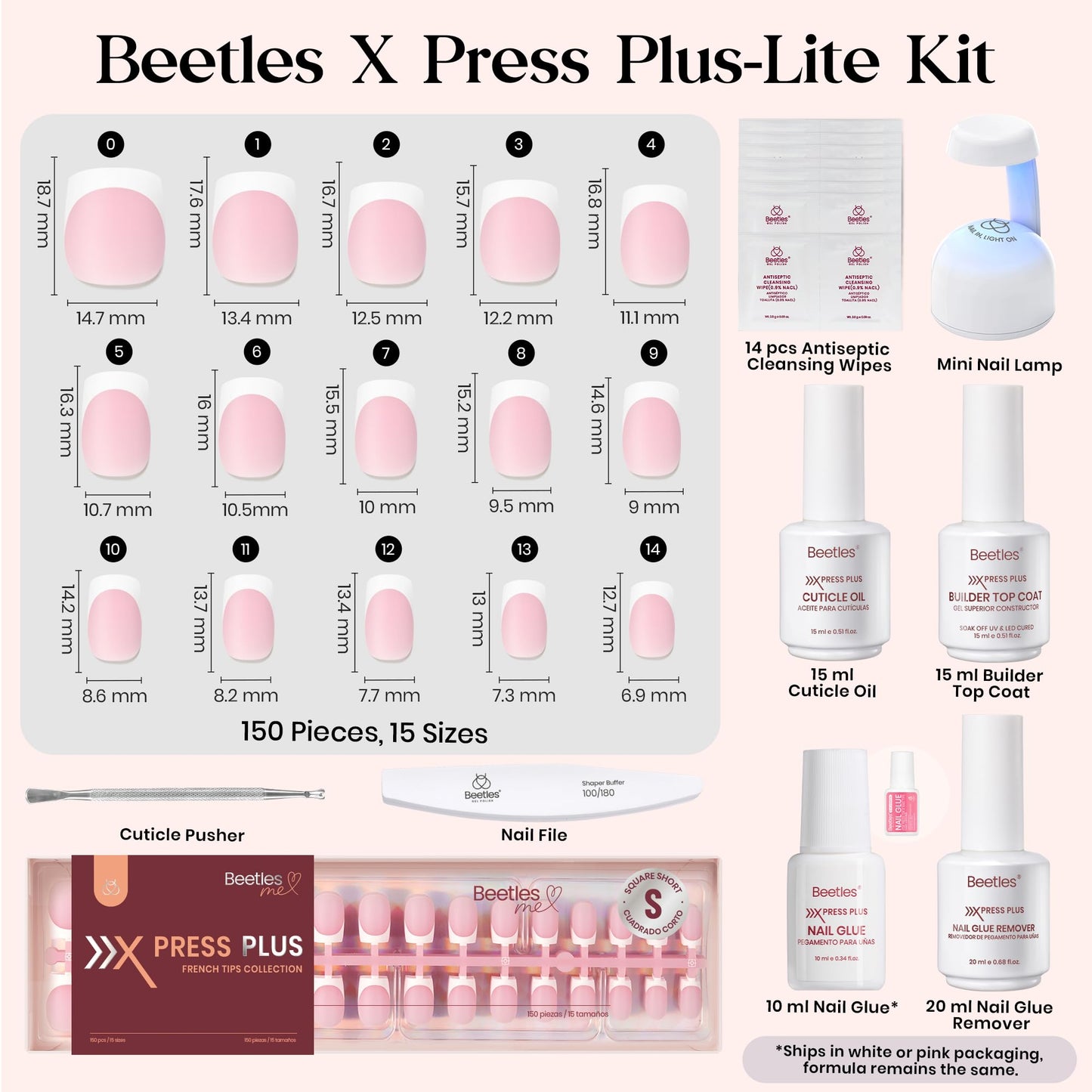 Beetles X Press Plus Gel Nails Kit - Pearl French | Pink Short Square French Tip Press On Nails | 150Pcs 15 Sizes All-in-One Kit With Nail Glue,Remover,Builder Top Coat,Nail Lamp Gift For Women