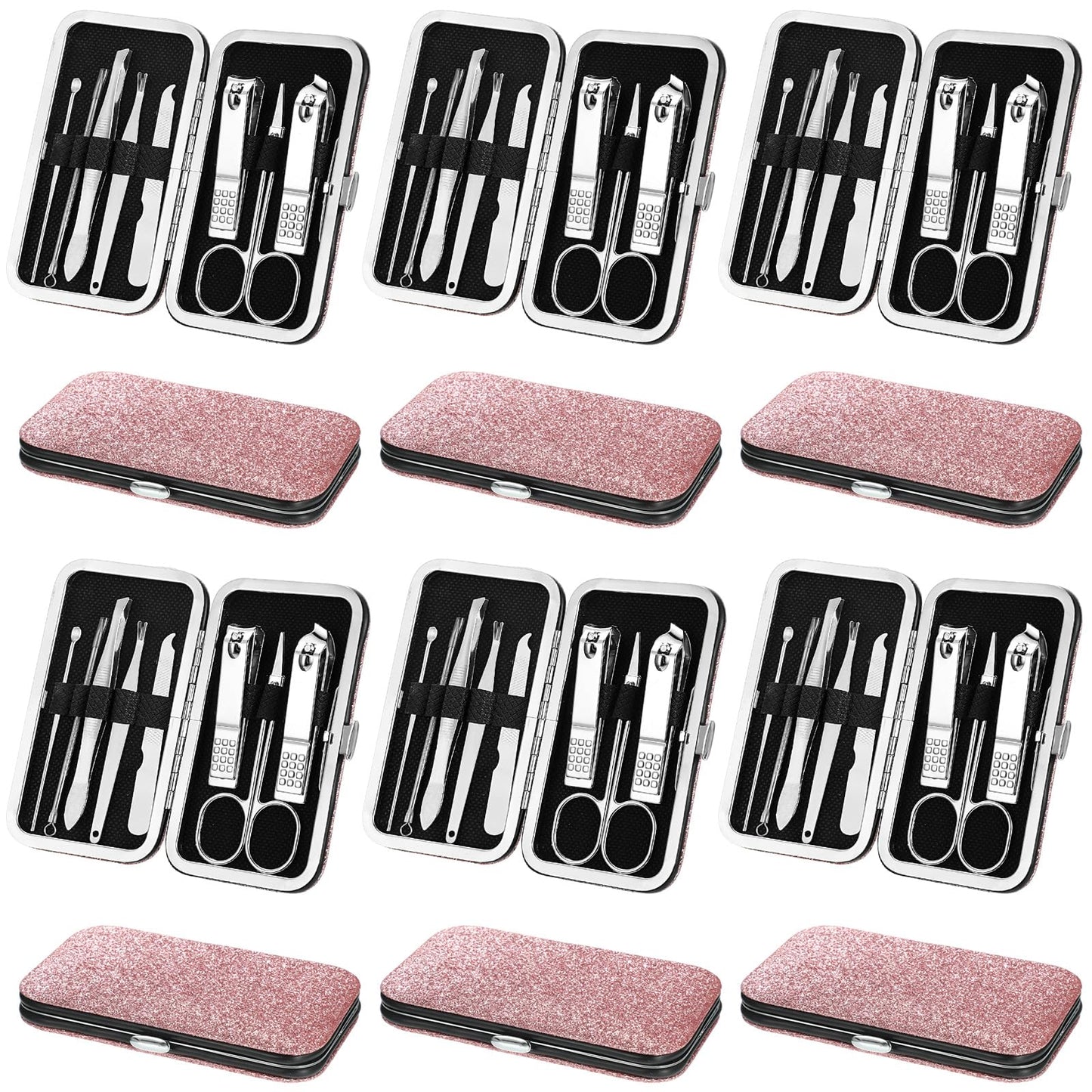 Geosar 12 Sets Manicure Set Nail Clippers Pedicure Kit 8 in 1 Grooming Stainless Steel Kits Nail Care Tools with Travel Case for Employee Coworker Teachers Nurse Gifts(Glitter Pink)