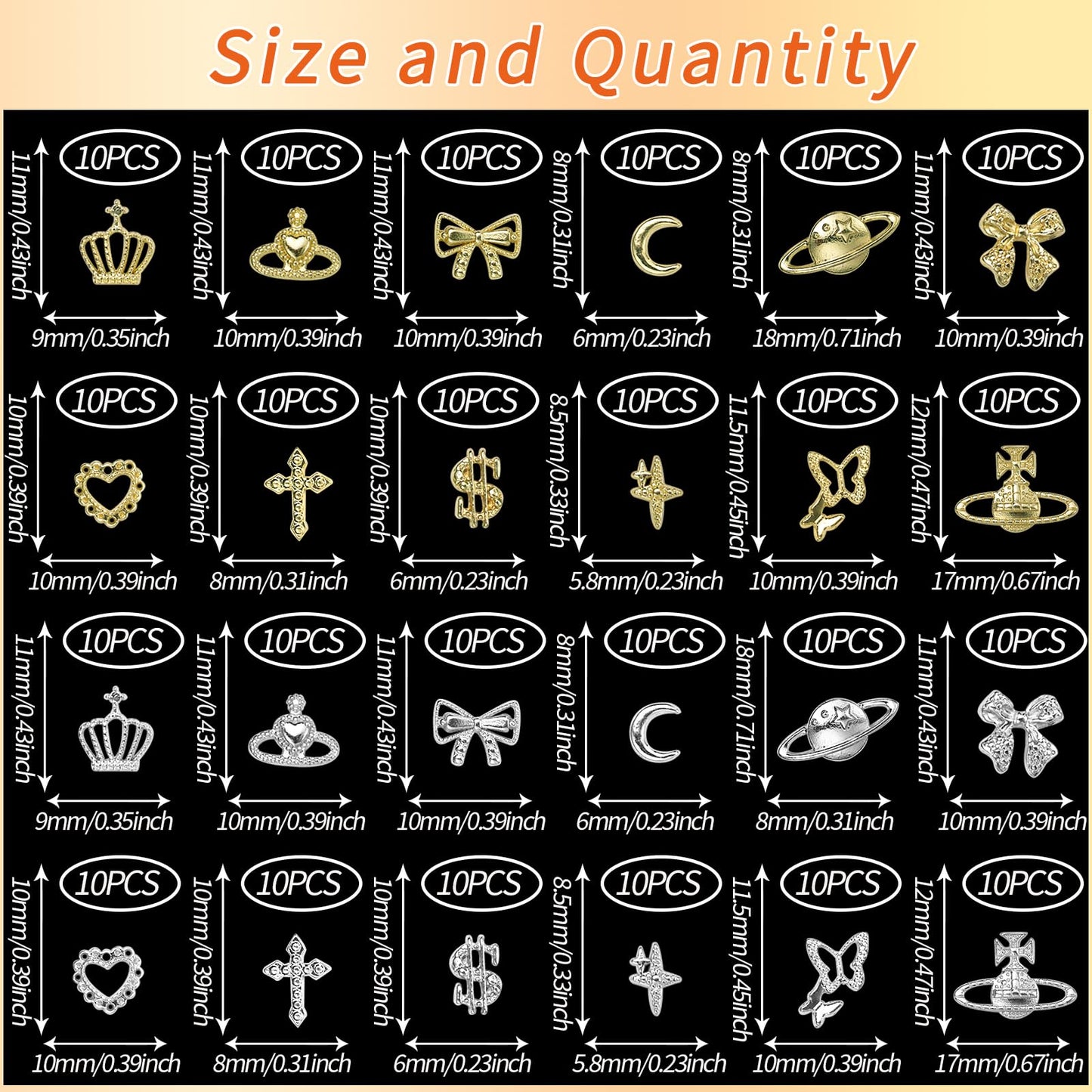 240 Pcs Alloy Gold Silver Nail Charms, Heart Star Butterfly Bow Moon Crown Cross Dollar Planet Nail Art Charms, 3D Y2K Metal Gold Silver Nails Charm and Gem for DIY Nails Design Craft