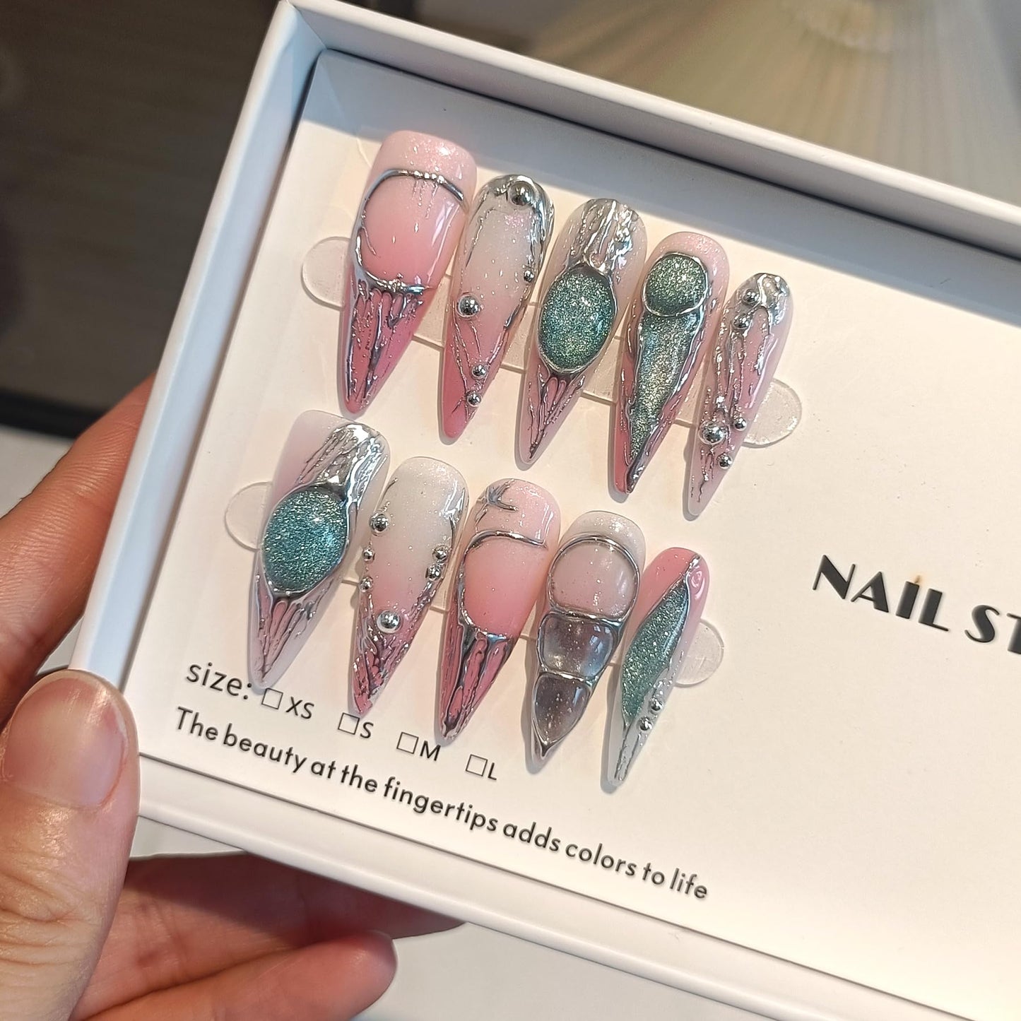 TENPAL Long Stiletto Press on Nails,Pink-Silver Holographic Gradient Hand-Painted Moons Fake Nails with 10pcs Tools,3D Cat Eye Glitter False Nails,Edgy Meteors Design Sweet-Edge Metal Nails(L)