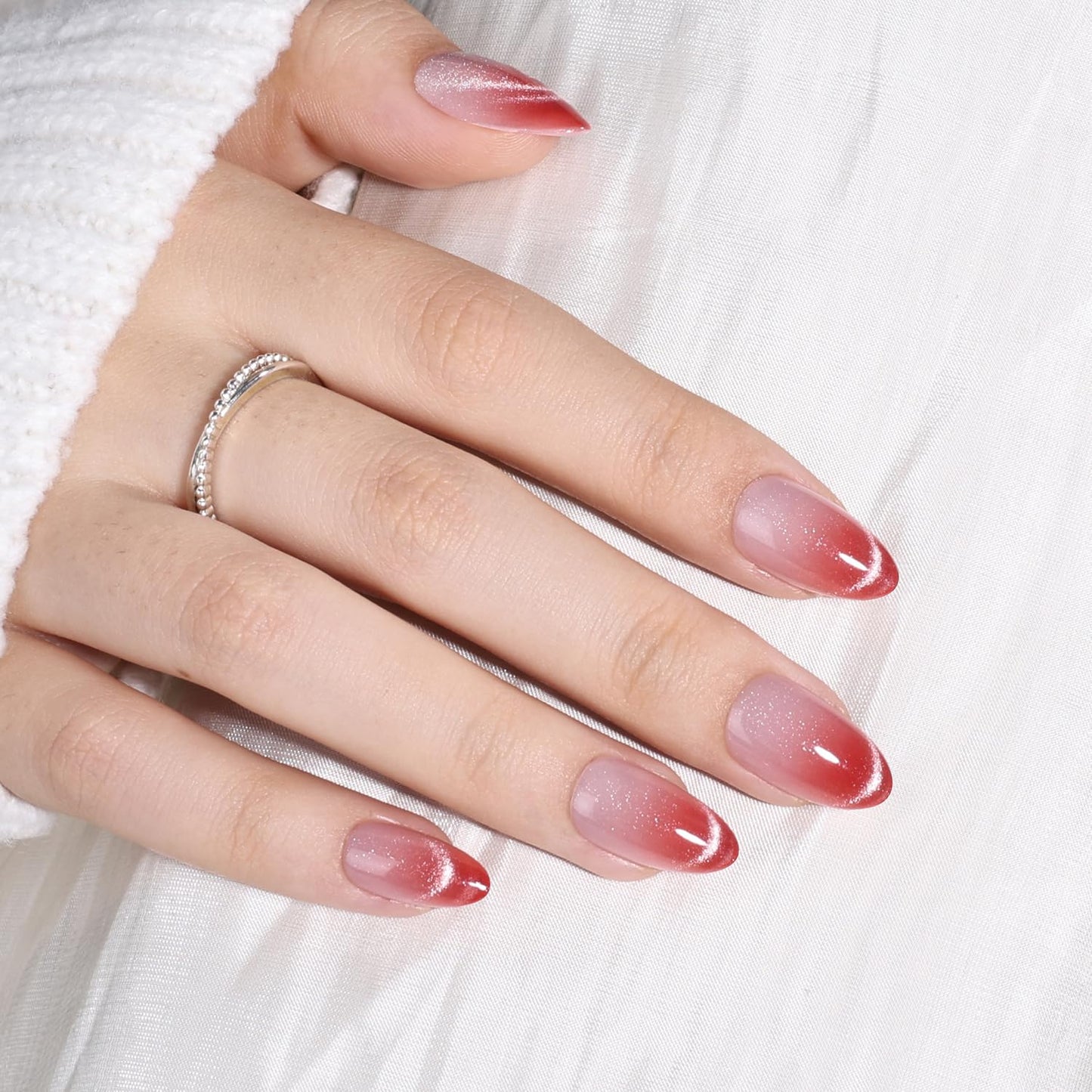 Leefrei Cat Eye Press On Nails Short Almond - Red to Nude Gradient Fake Nails with Shimmer, Reusable Glue On Nails for Women, 16 Sizes 32 Pieces Nail Kit with Glue, Crimson Drift