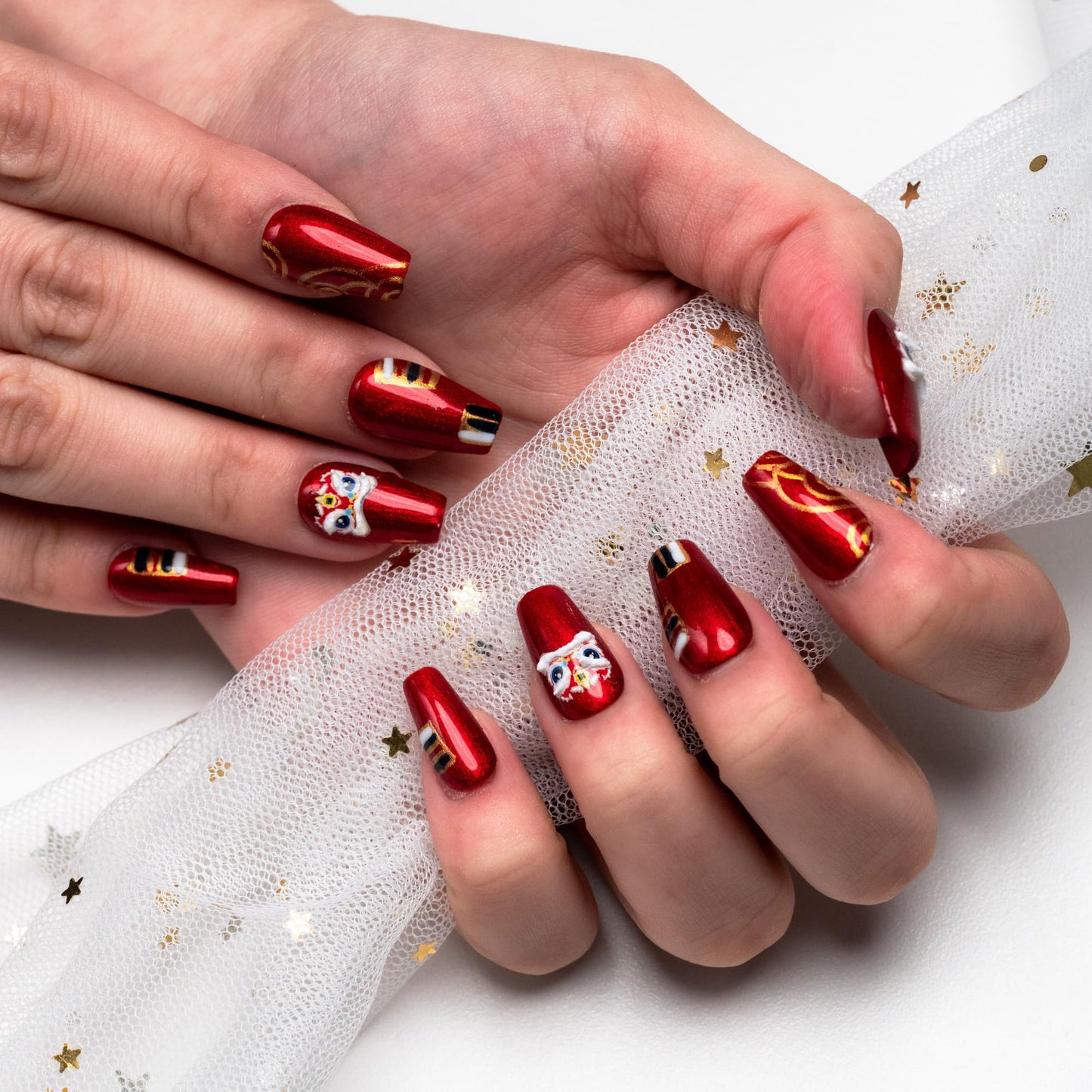 Sun&Beam Nails Handmade Press On Nails Short Square Chinese Red Glitter Lion Dance 10 Pieces for Festive Occasions and Celebrations (#016 M)