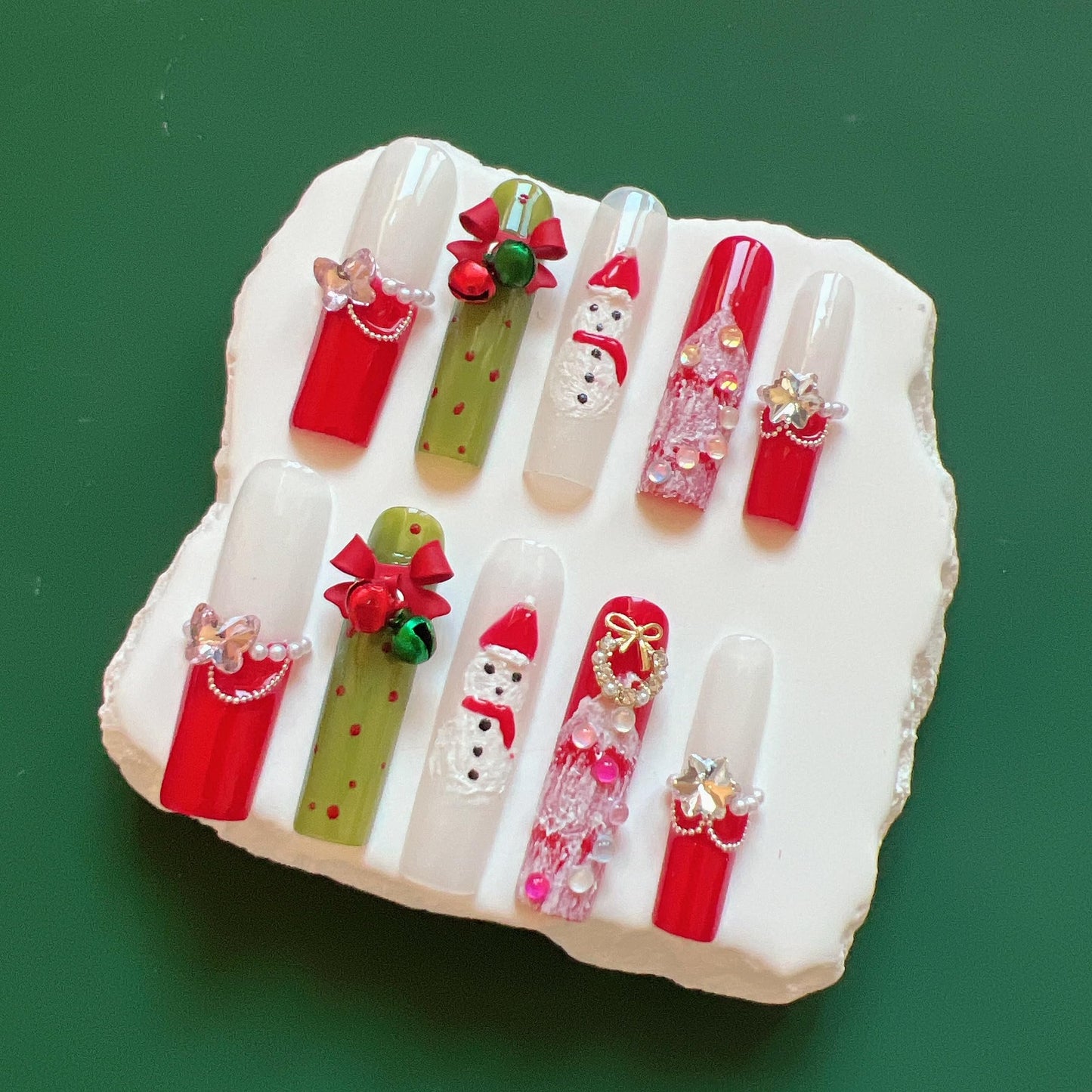 NAIL ANGEL 10PCS/SET Glamorous Handmade Press On Nails Christmas Xmas Holiday Bell Snowflake French Style Long Coffin Nails Party Nails XXL Long Artifical Tips ZJ14 (ZJ14, M)