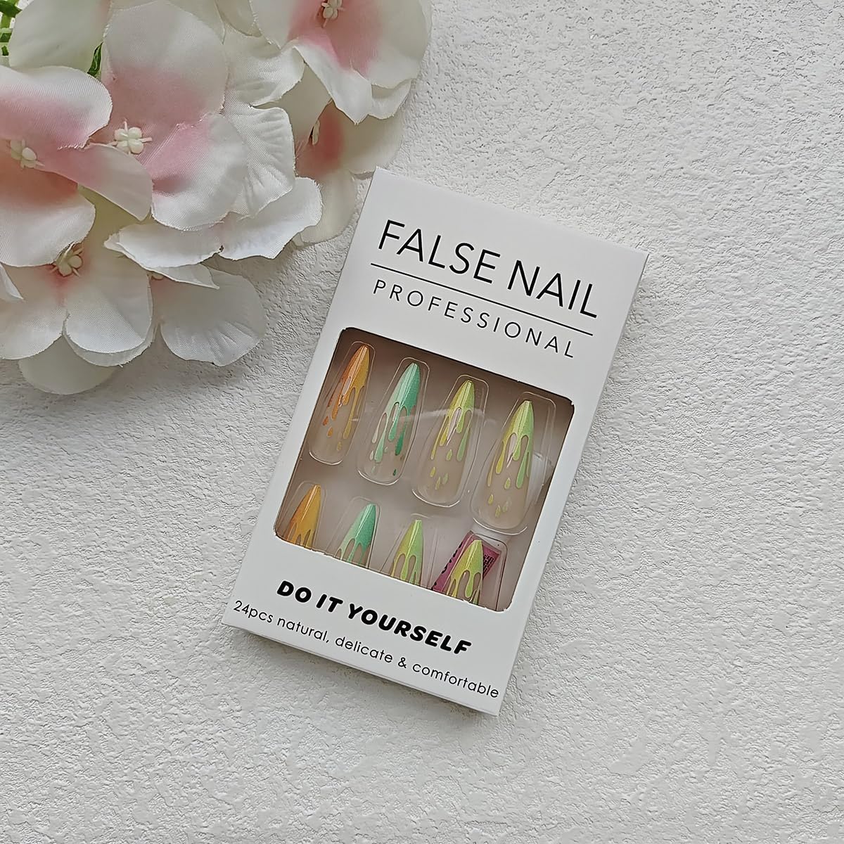 Rilafuvu 24Pcs Long Fake Nails Almond Press on Nail French Tip Glue on Nails Rainbow Ice Cream Design Acrylic Nails Almond Nails for Women and Girls