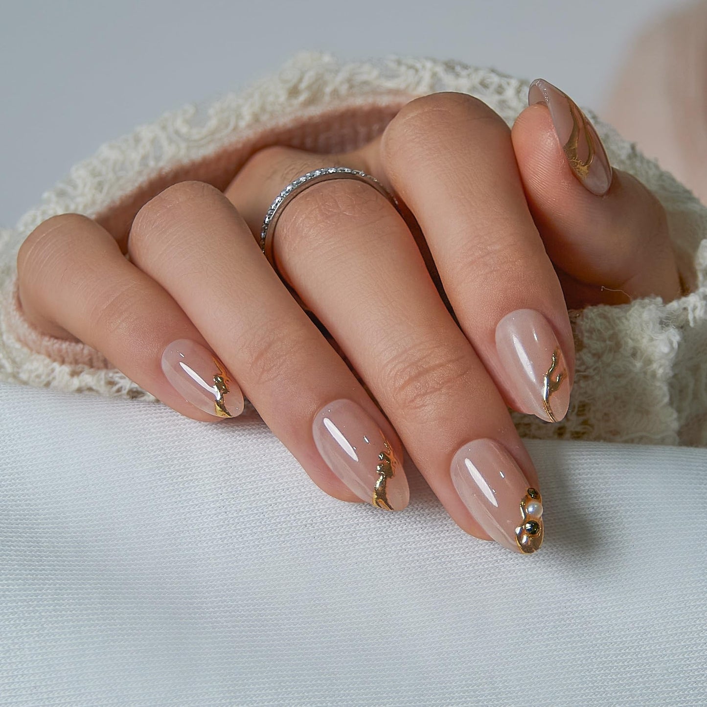 CurvLife Nude Almond Press On Nails with Gold 3D Lines, Medium Soft Gel Fake Nails with Pearl Accents, Nude Beige Gold Press On Nails for Women, Bridal Wedding Glue On Nails Kit, Salon Quality