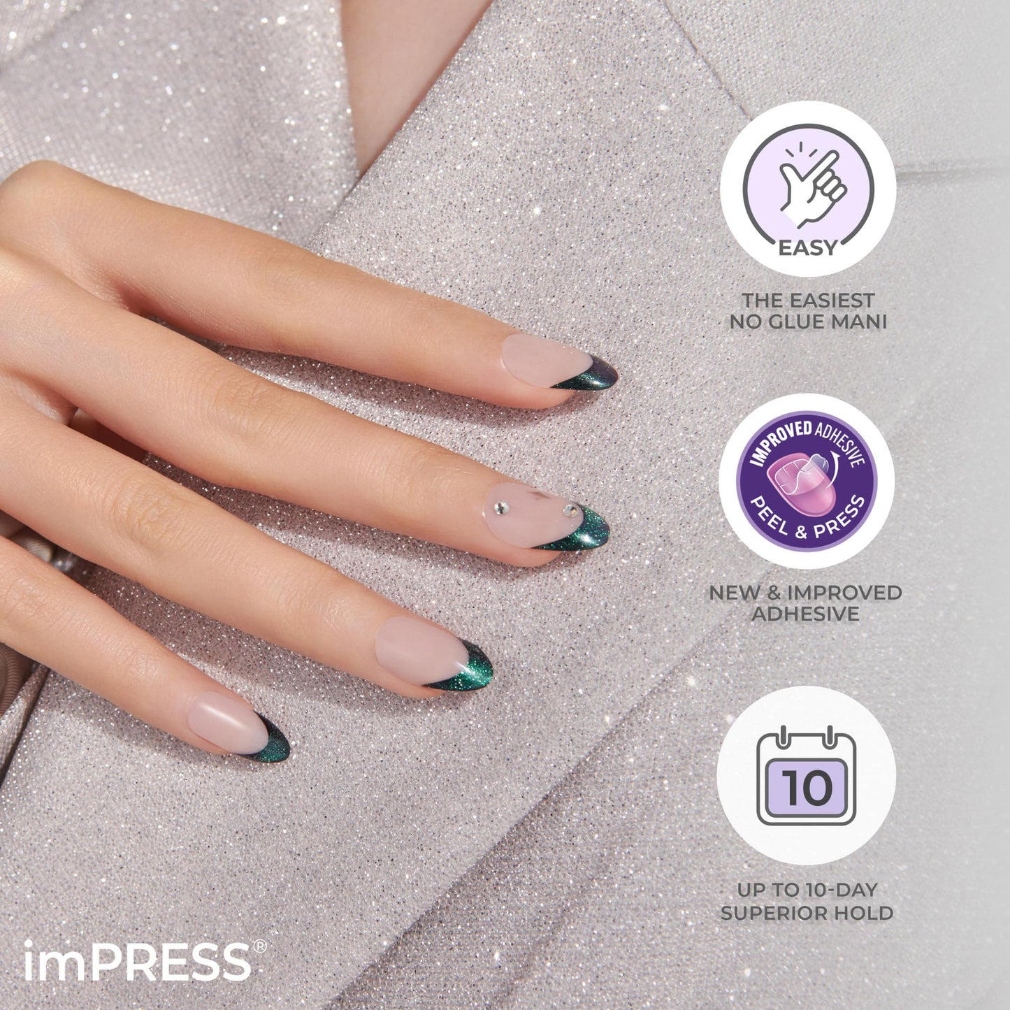 Kiss Impress No Glue Mani Press On Nails, Premium, 'Visions', Green, Medium Size, Almond Shape, Includes 30 Nails, Prep Pad, Instructions Sheet, 1 Manicure Stick, 1 Mini File
