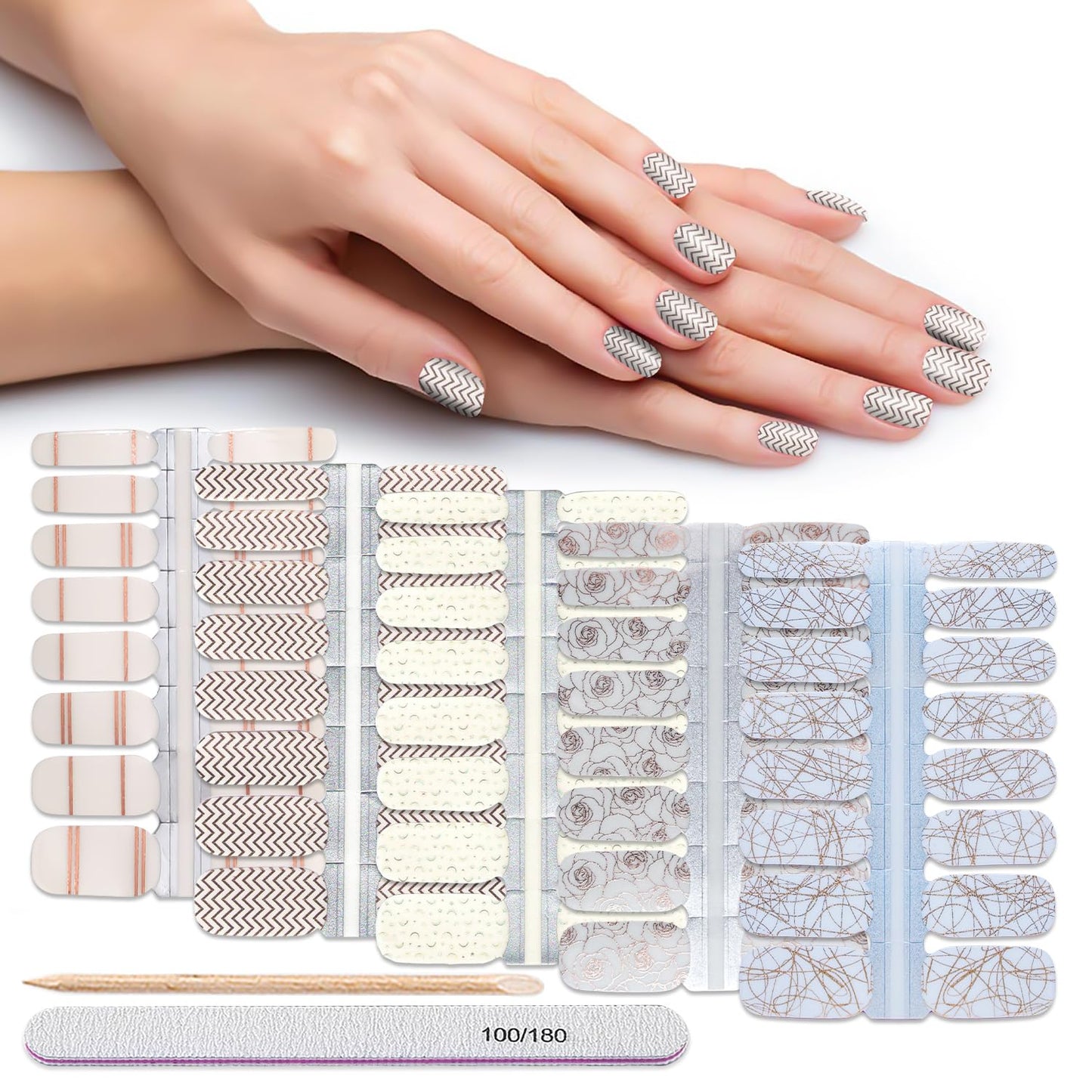 Nail Wraps for Women, DANNEASY 5 Sheets Metallic Line Nail Polish Strips Transparent Design Adhesive Nail Polish Stickers Gel Nail Strips Nail Accessories with Nail File, Cuticle Stick