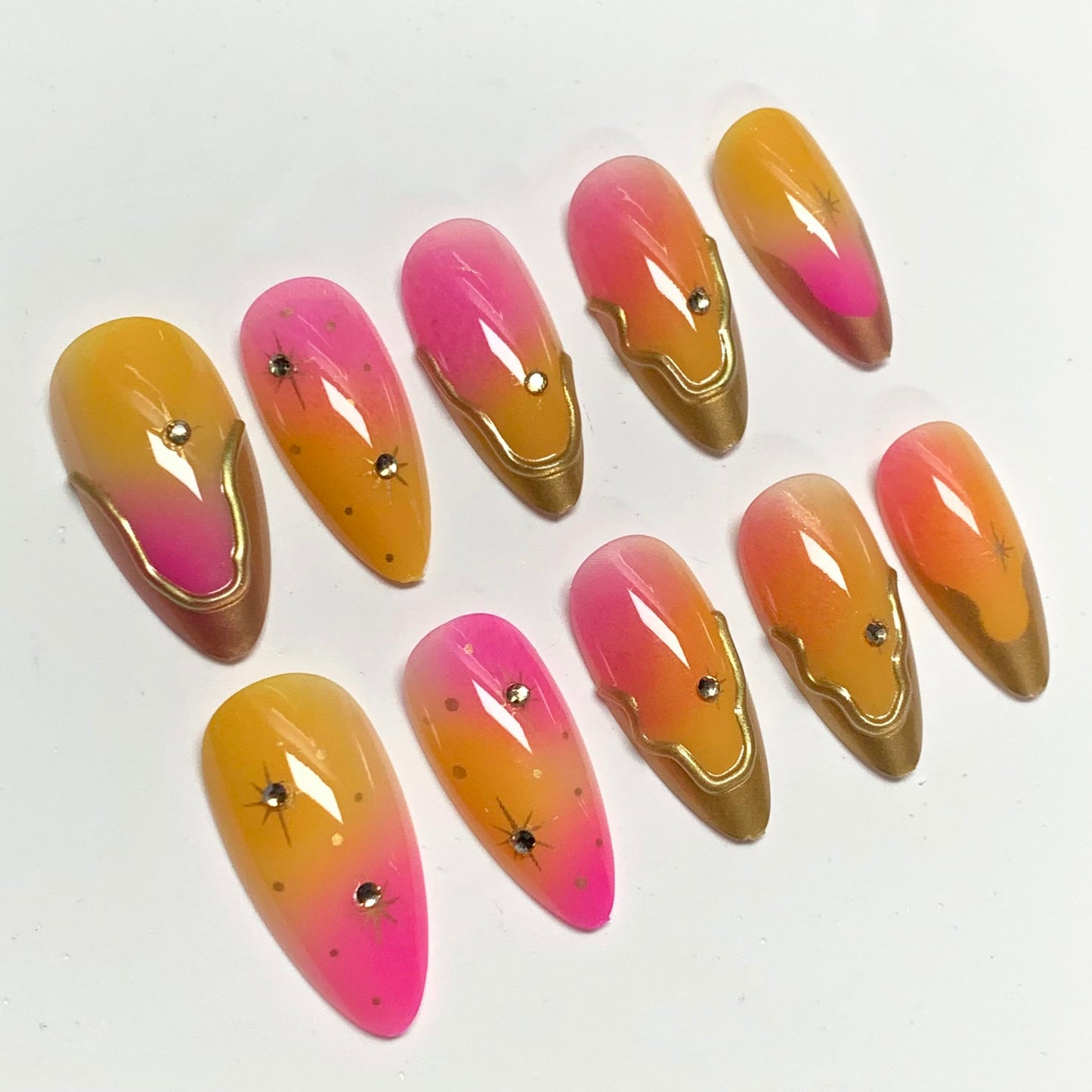 BABALAL Press On Nails, Medium Almond Fake Nails, Pink Orange Ombre With Gold Star Charm, Summer Bright Full Cover Glue On Nails For Women And Girls 24Pcs Reusable