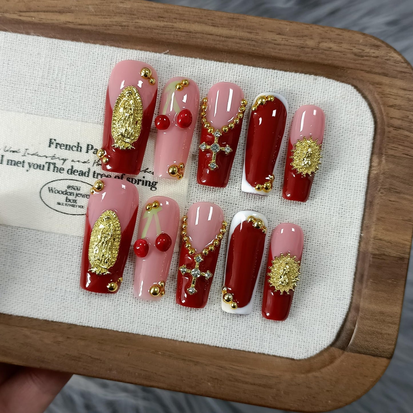 TENPAL Burgundy French Press on Nails Long Square,3D Embossed Cross Design Luxury False Nails for Wedding Party,Elegant Gothic Glue on Nails for Women Girls(L)