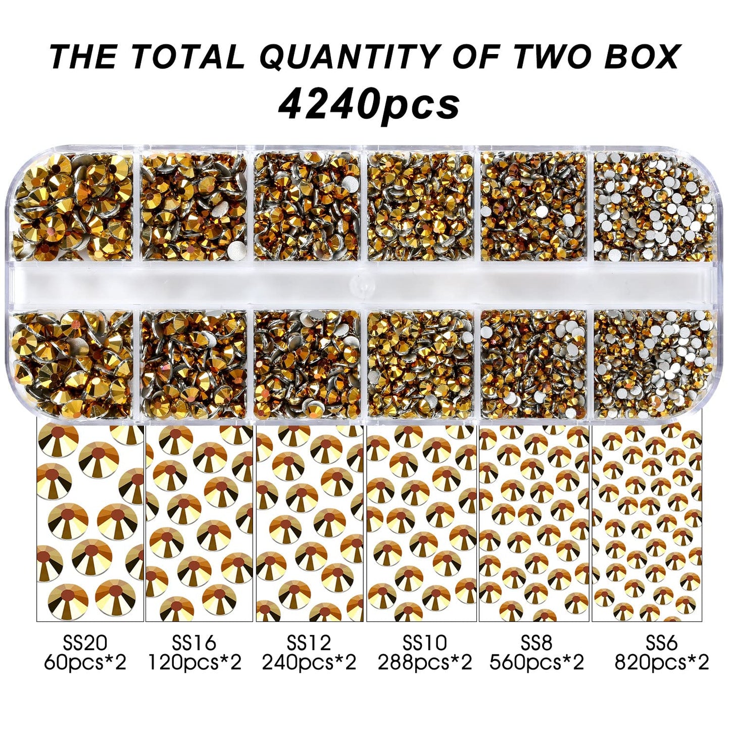 Meibite Gold Glass Flatback Rhinestones for Nails, Crafts & Clothes – 4240PCS 6 Sizes (SS6–SS20) Crystal Gems Kit with Tweezers & Picker, Non Hotfix DIY Rhinestones for Tumblers, Shoes, Nail Art