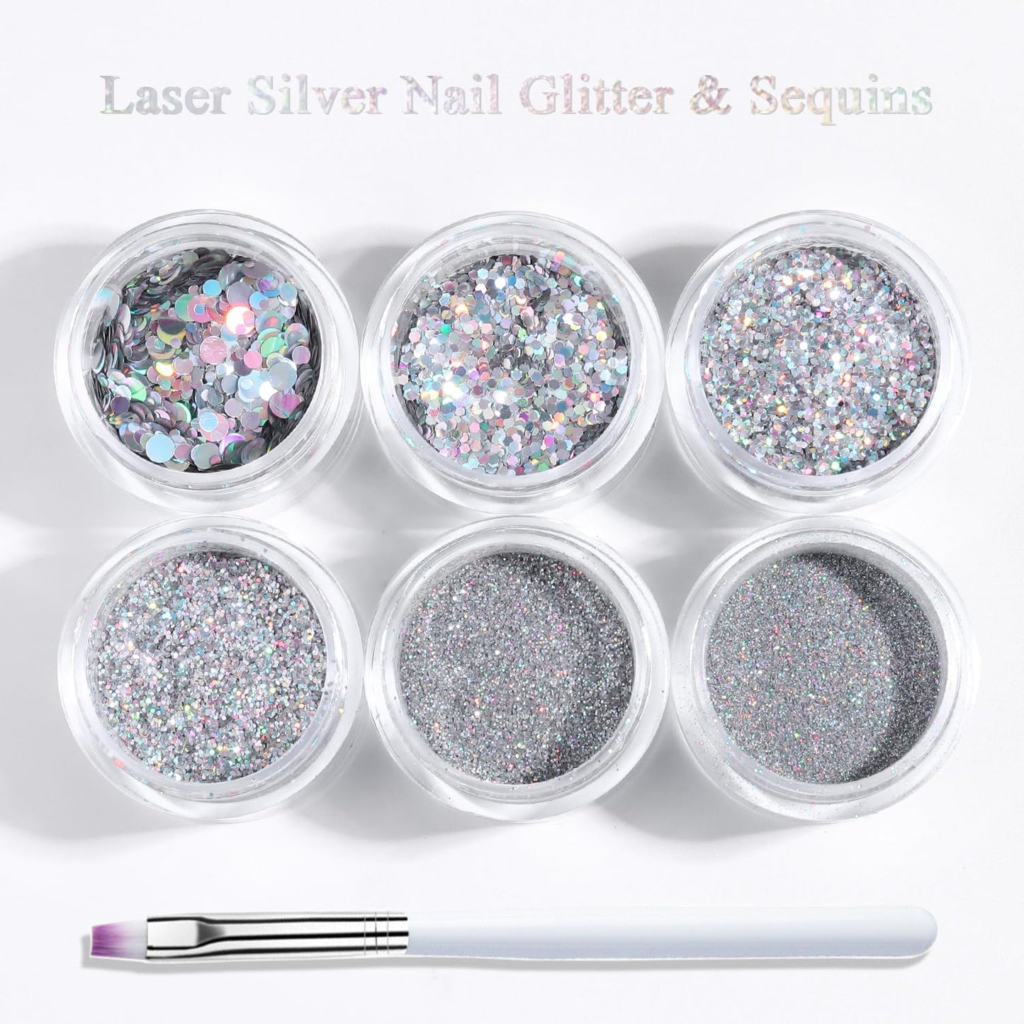 Furtherpretty Laser Silver Nail Glitter Powder Set, Mixed-Size Holographic Nail Glitter Dust, Sparkling Sequins & Flakes for Nail Art Decoration, Manicure Salon Supplies, Silver Glitter for Crafts