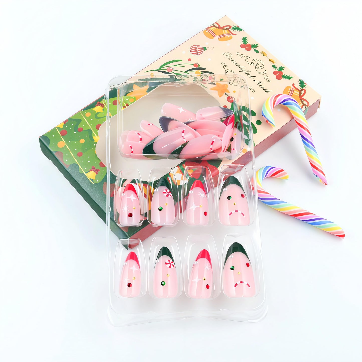 WEIXIWUYU Christmas French Tips Press on Nails Short Almond Fake Nails with Red Green White Rhinestones Designs Full Cover Red Green French Acrylic Nails for Women Girls Manicure Decoration 24Pcs