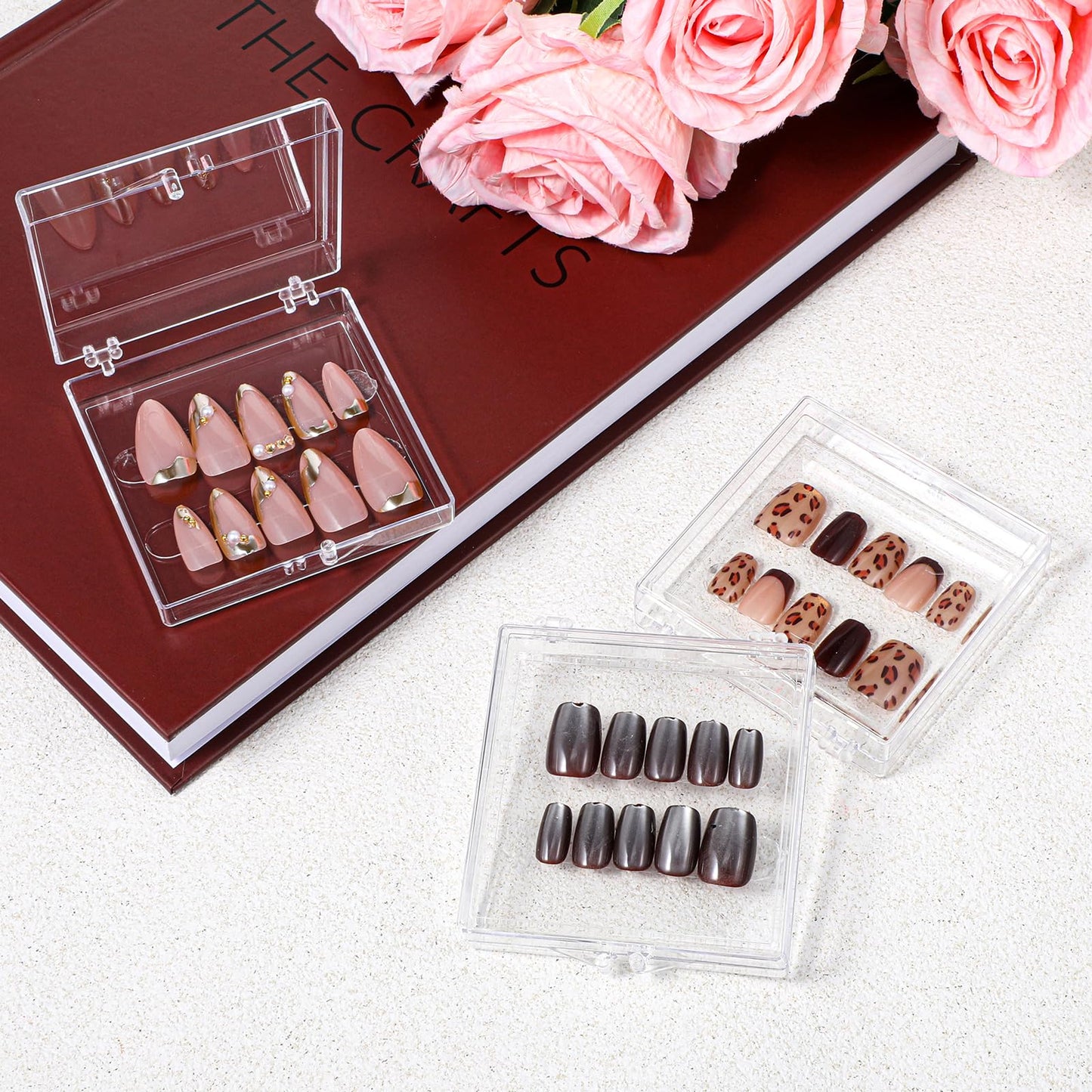 SHENLIU 50 Pack Press on Nails Packaging Box, Clear Acrylic Press on Nail Storage Box with 120 Adhesive Double Sided Tape, Fake Nails Storage Case Nail Display for NailArt Salon Business Supplies