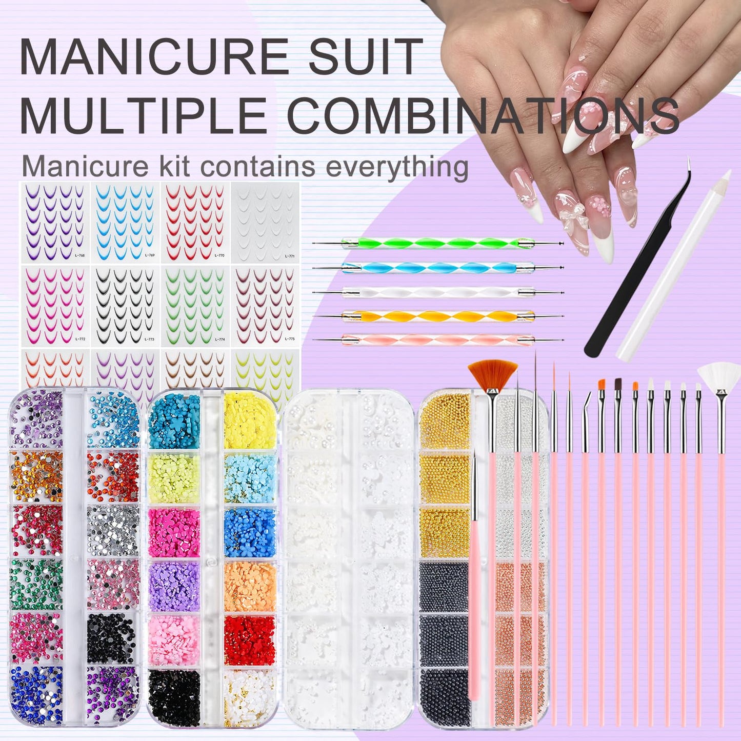 GZMAYUEN Nail Charms Nail Stickers Kit, 4 Boxes Nail Art Rhinestones Pear, 12 Sheets French stickers for Nails, 3D Nail Art Design Kit Nail Decorations for Women