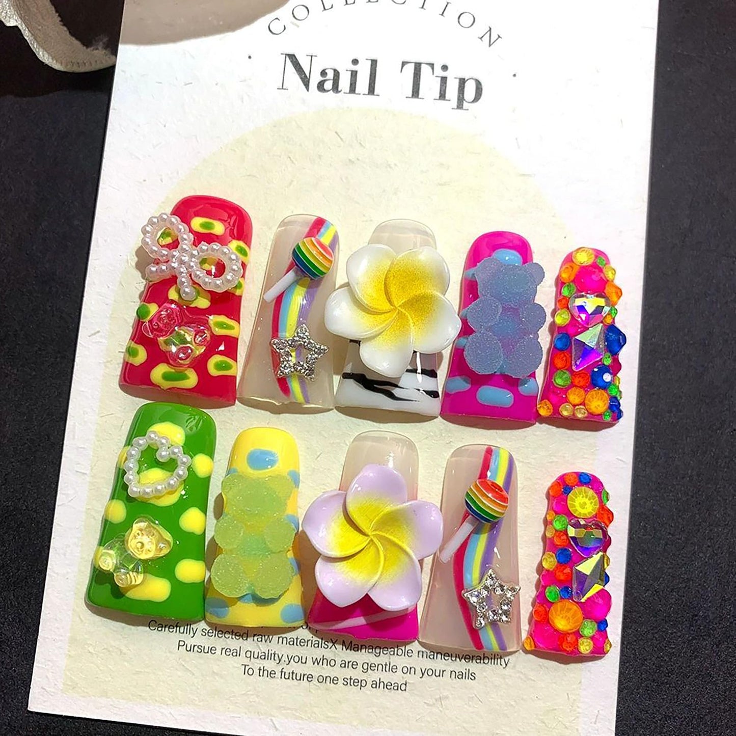 Qicaijia 10Pcs Press on Nails Long Handmade Duck Fake Nails 3D Charms Flower False Nails with Glue Colorful Twinkle Candy Artificial Acrylic Reusable Stick on Nails for Women (Size M)