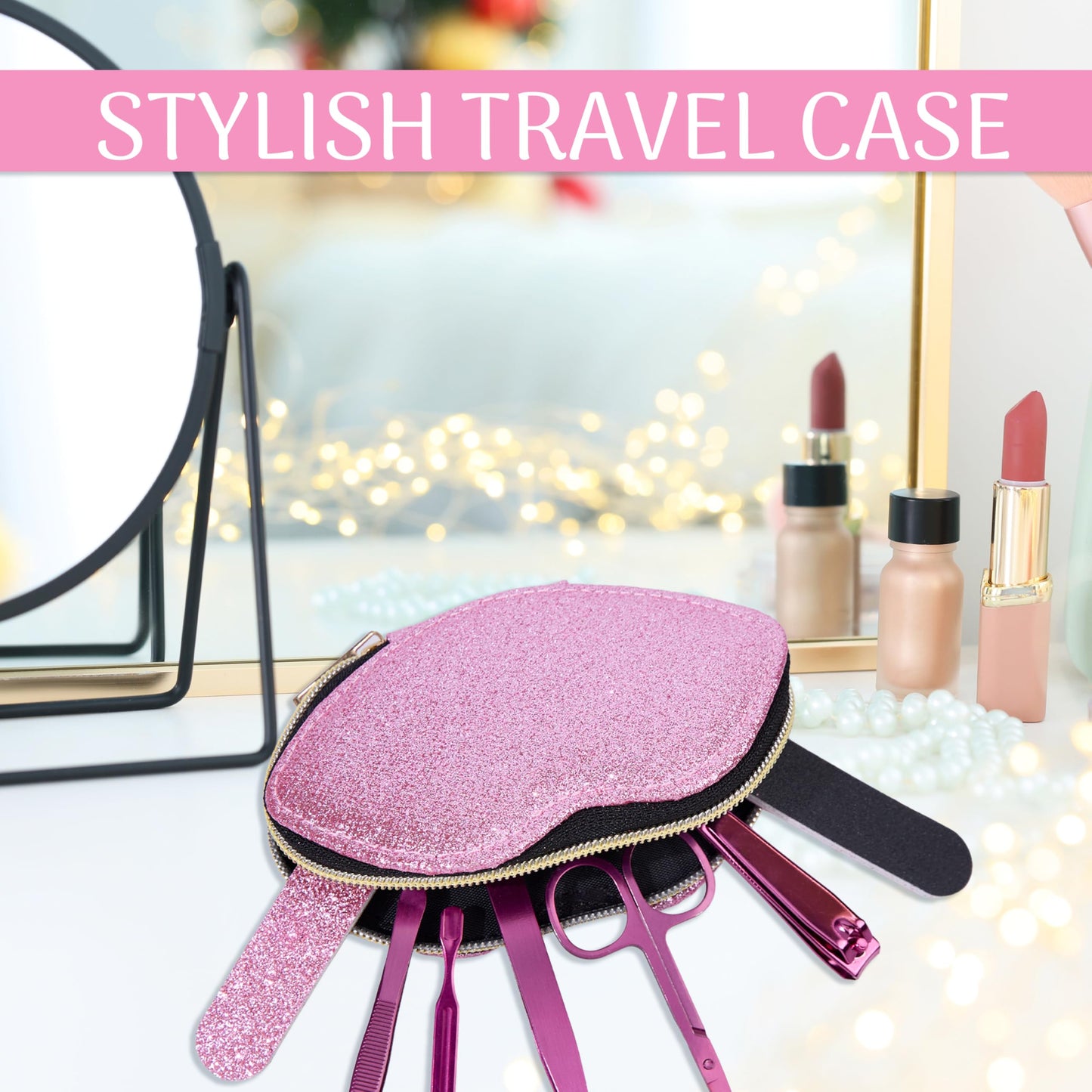 8pc On-The-Go Grooming Kit – Premium Manicure & Pedicure Set for Nails, Brows & Beyond – Complete Travel Grooming Tools with Pink Glitter Lip Case