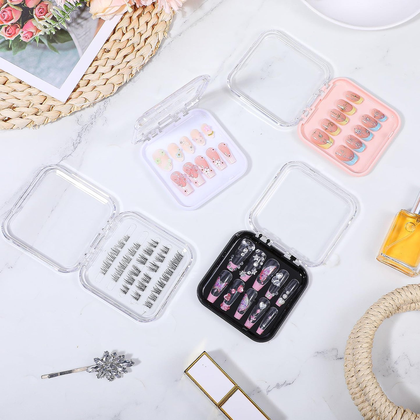 32 Pack Press on Nail Storage Boxes with 60 Adhesive Tapes – Acrylic Nail Organizer for Salon, Travel & Gifting (4 Colors: Pink, Black, White, Clear)