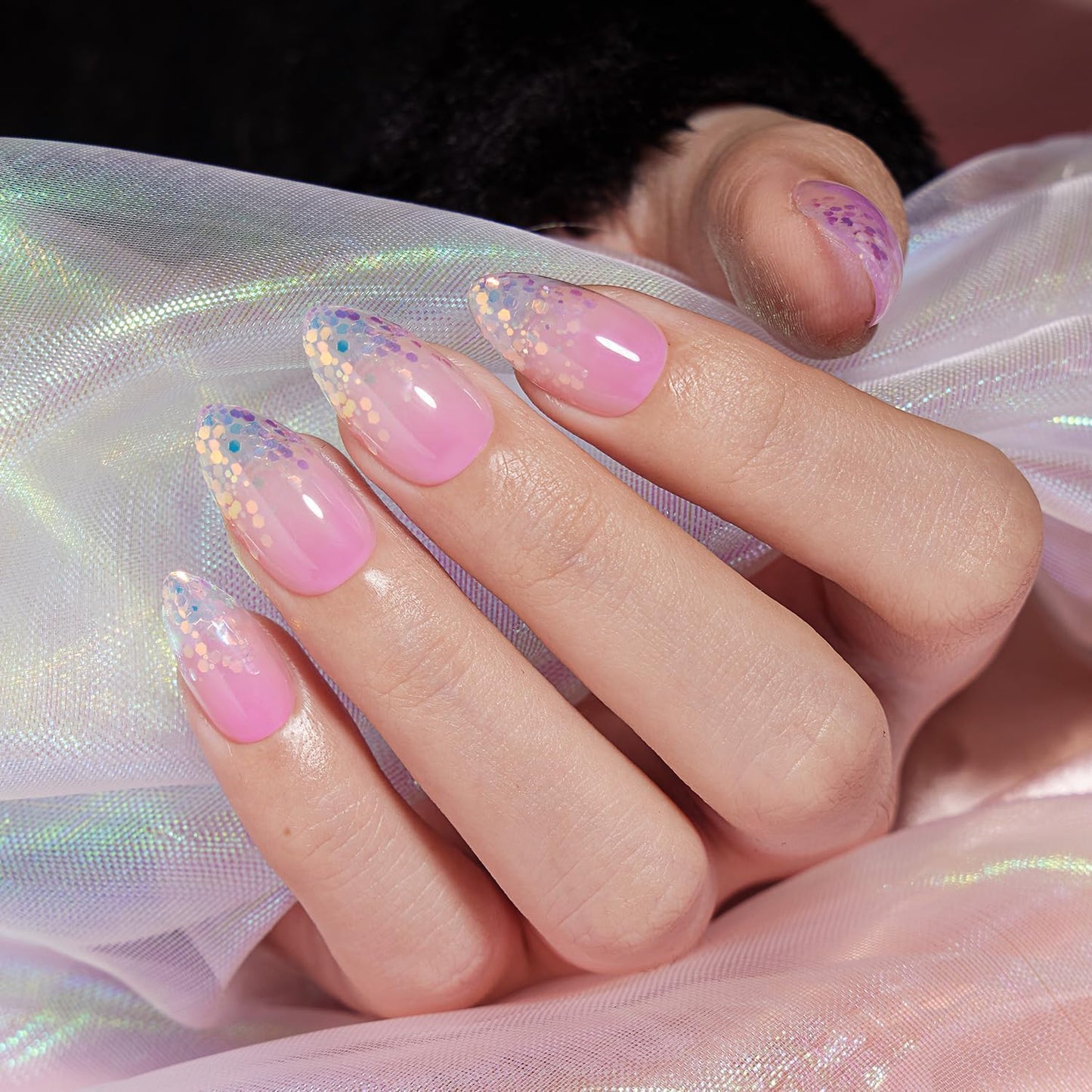 VSALON Almond Short Press On Nails, Summer Pastel Pinky Purple Ombre Blue Sparkle Confetti Sheer False Nails, Reusable Soft Gel Fake Nails with Glue & Cuticle Oil - 32 PCS in 16 Sizes