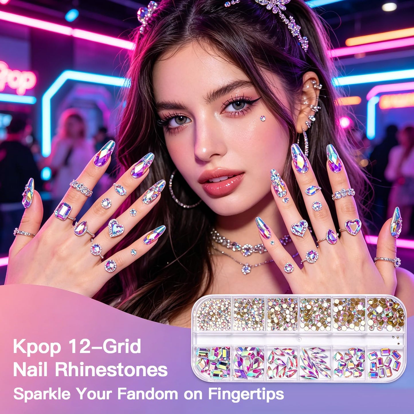 AICase Nail Rhinestones for Bedazzling,Bedazzler kit with Rhinestones Kpop Bedazzling Kit 3D Y2K Demon Hunters Charms 12 Boxes for Nails Gems Pink Gold Colorful Multi Shape Pearls Jewels for Crafts