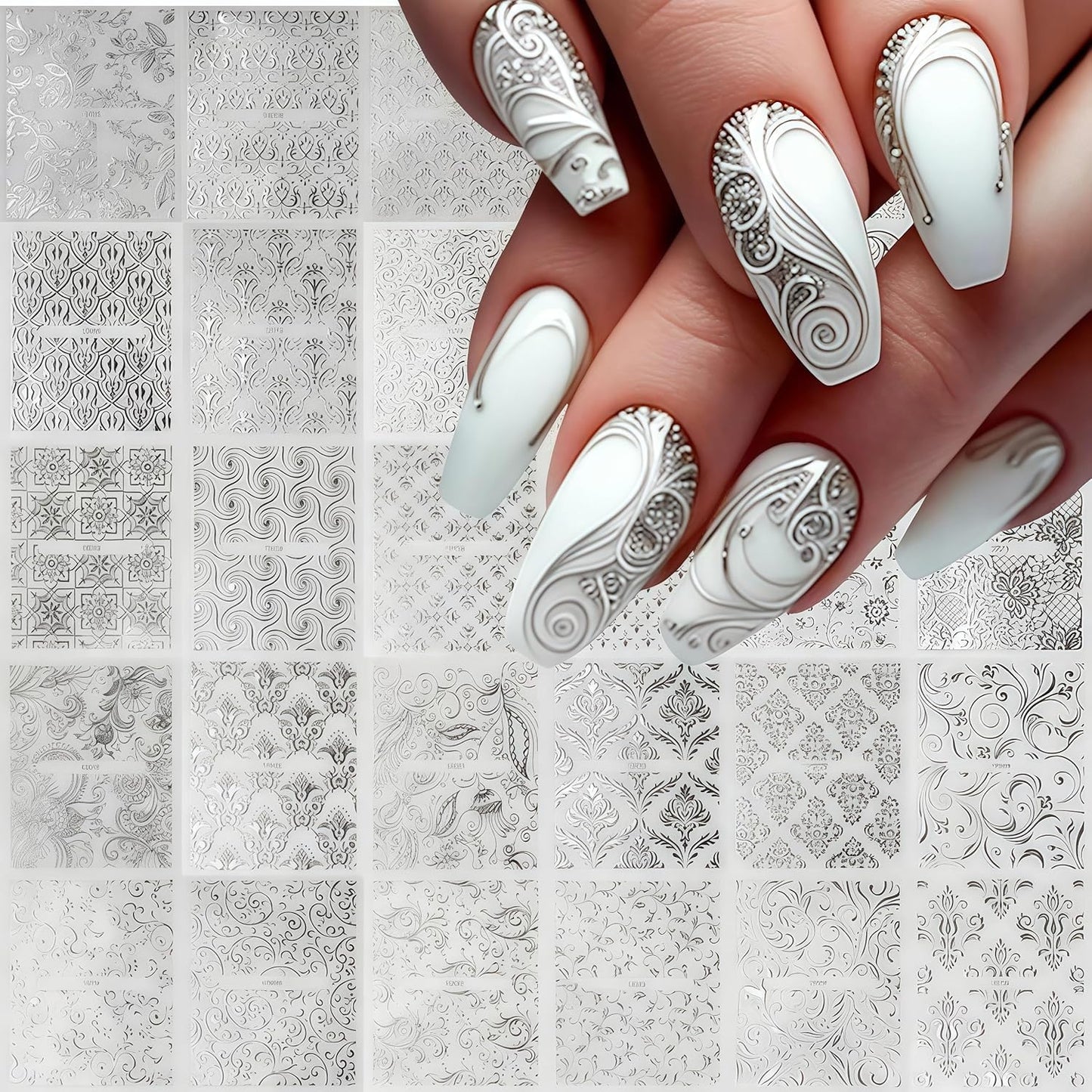 30 Sheet Silver lace Nail Stickers for Flower Nail Art 3D Self-Adhesive Nail Decals Silver Hollow Retro Floral Vine Nail Art Stickers Design lace Flower Nail Supplies for Women Manicure Decorations