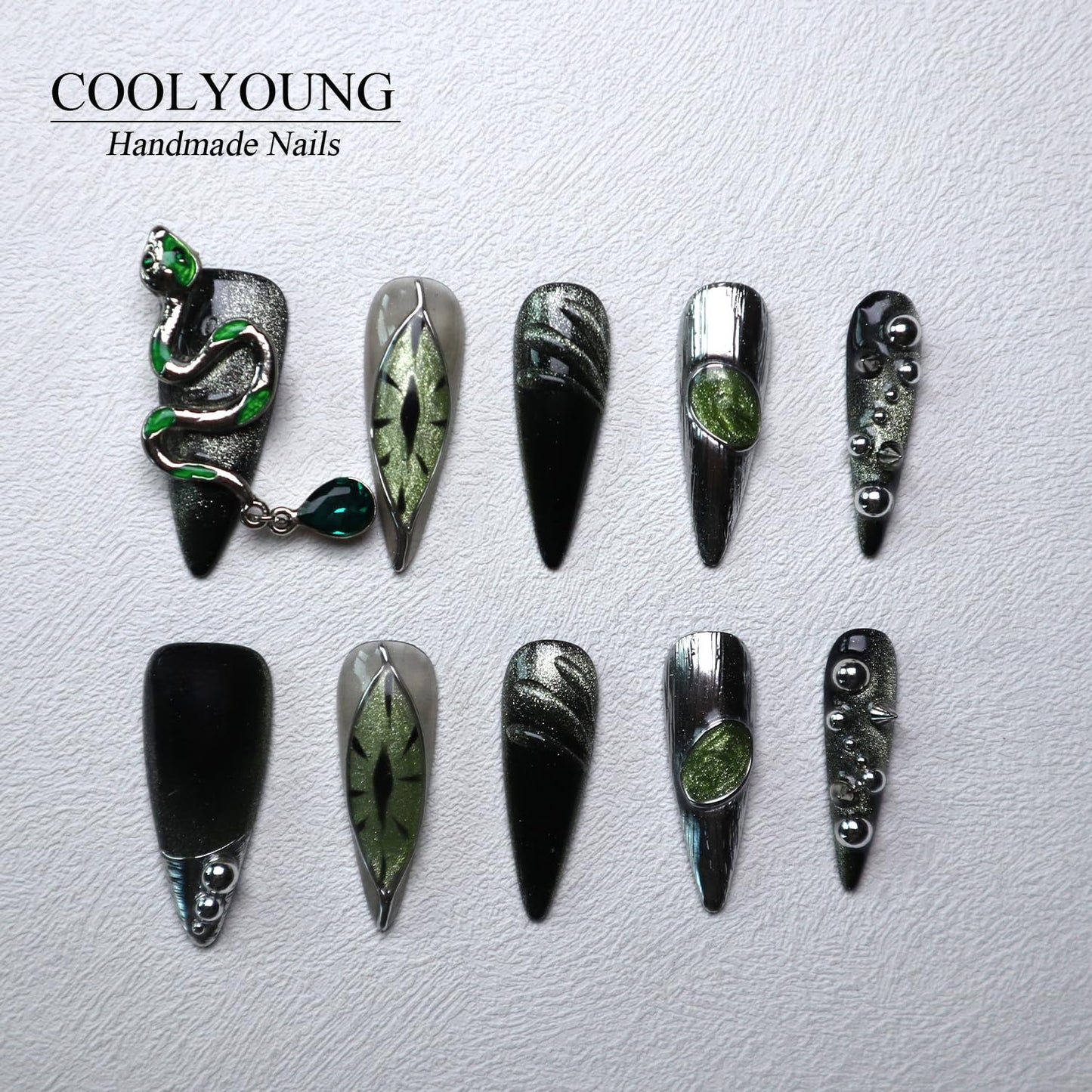 Homemade Nails, Green Nails Press Ons, 3D Press On Nails, Press On Nails For Women, Medium Length Press On Nails, Real Acrylic Press On Nails, Women Gift Ideas, COOLYOUNG Nails, 10 PCS, Size S