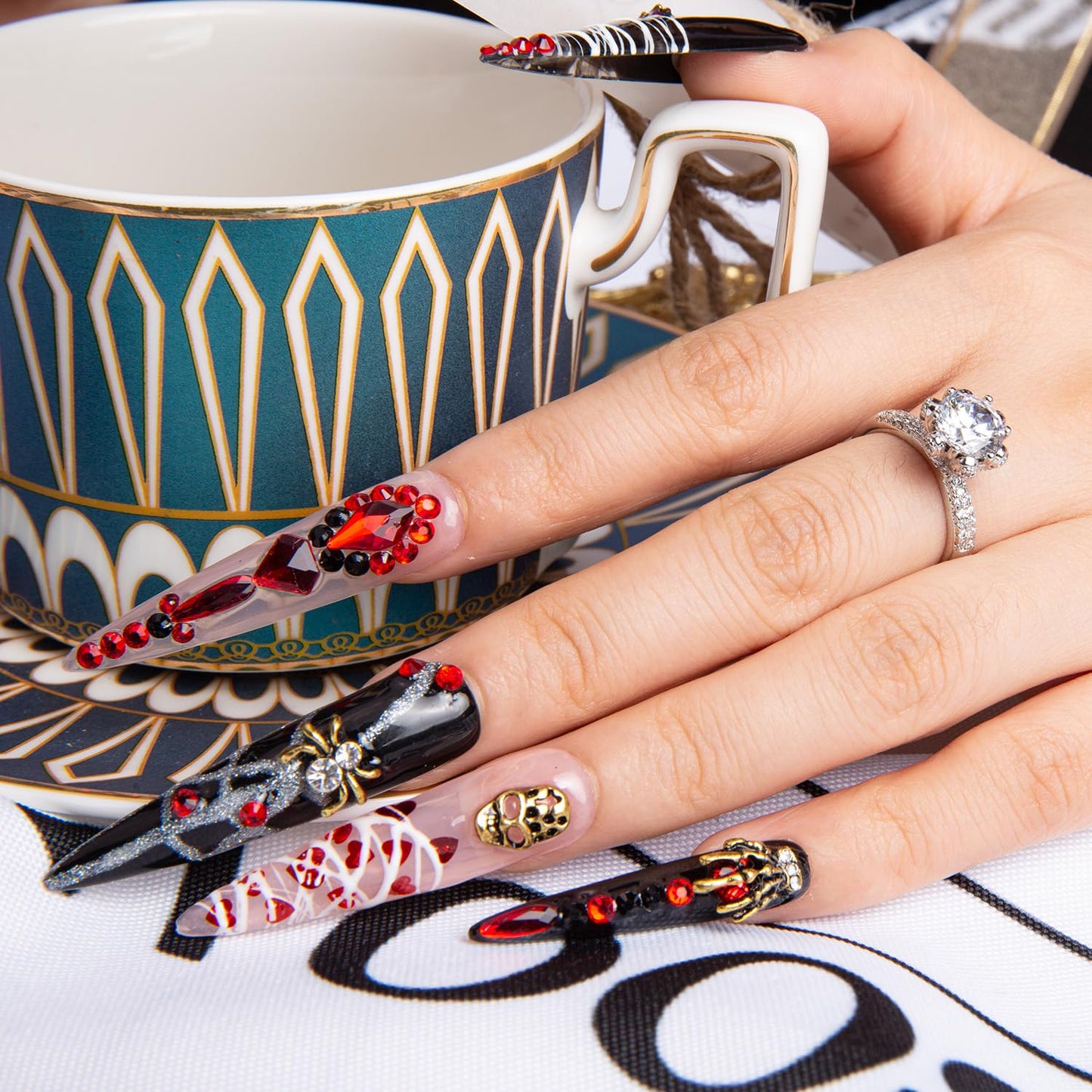 LOVFUL Press on Nails Halloween Bleeding Love | Handmade with Full Covered Crystals | Reusable Fake Nails | Stiletto Long 2.2 in | H42-L