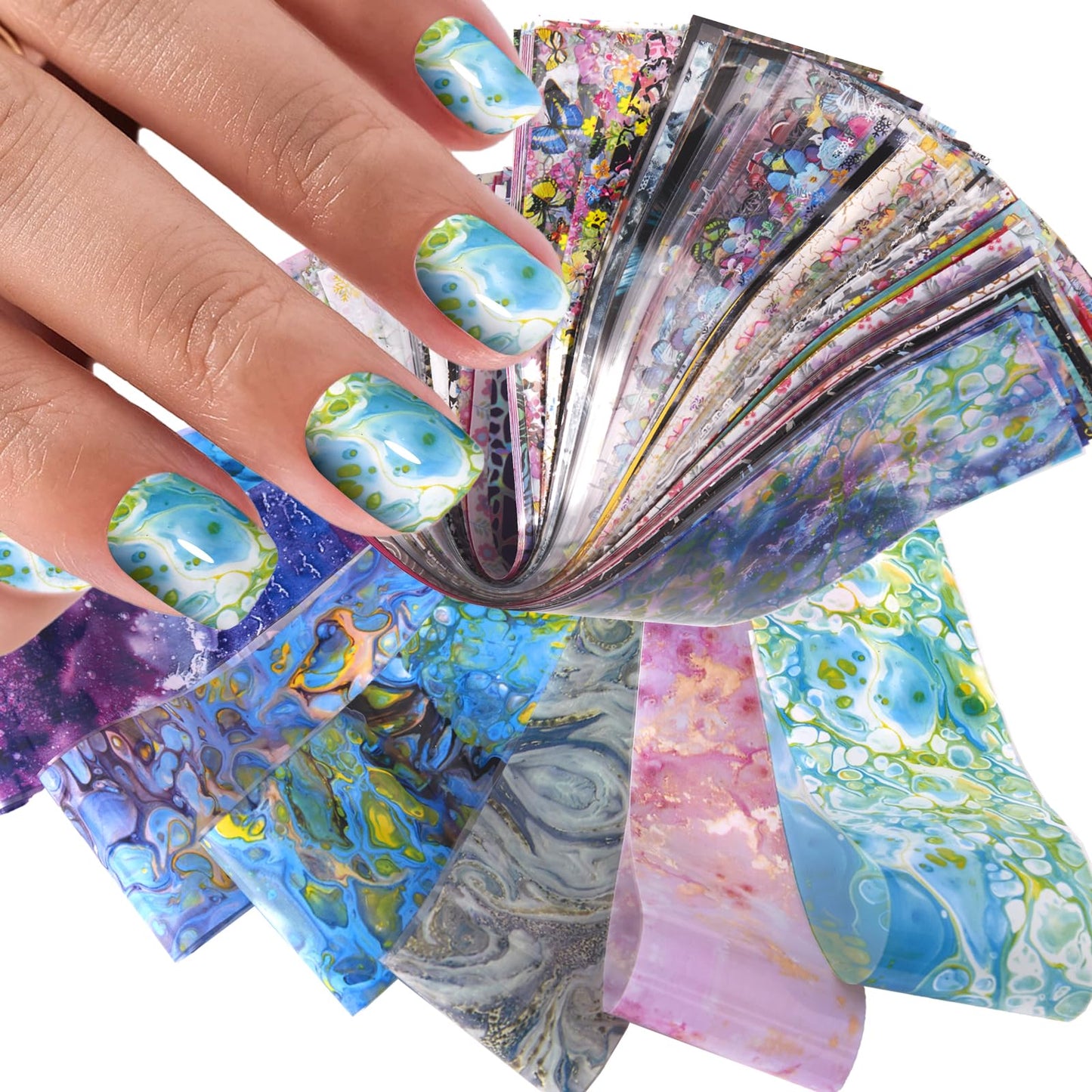JERCLITY 300 Sheets Nail Foil Transfer Stickers Set Nail Foils Transfer Art Marbling Flower Butterfly Lace Aurora Iridescence Design for Women Girls Decoration