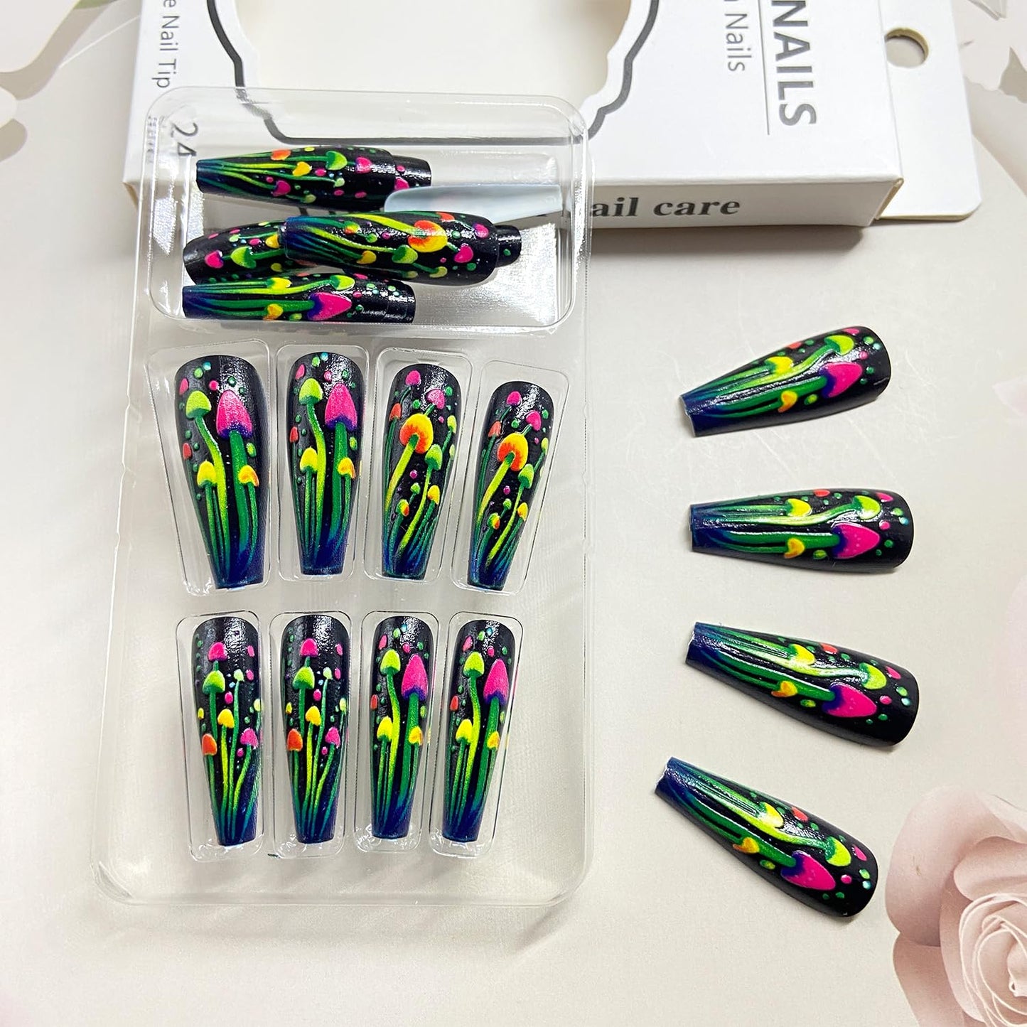 Ballerina Press on Nails Colorful Jellyfish Fake Nails Extra Long Coffin Nail Glossy Artificial Glue on Nail for Women DIY Acrylic Manicure