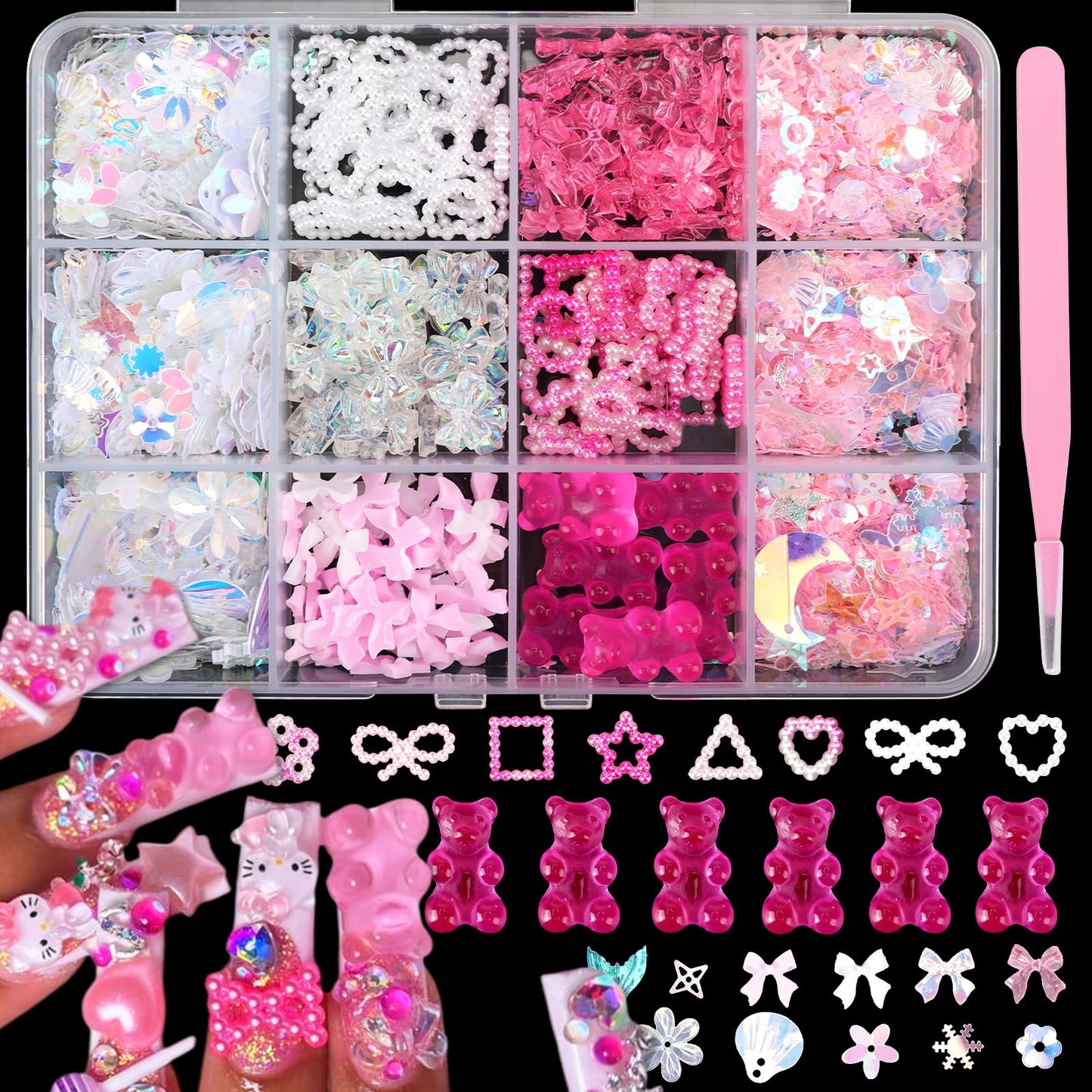 Namifin 3D Pink Nail Charms Bulk Gummy Bear Butterfly Bow Assorted Nail Charms Set Planet Cherry Gems Cute Heart Star Pearls Nail Charms for Nail Art DIY Supplies Accessories