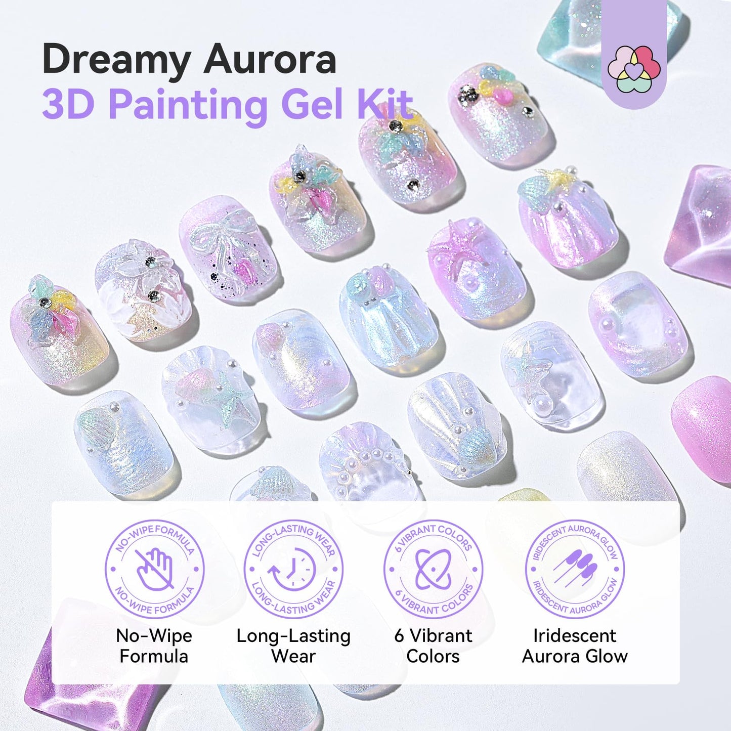 SAVILAND 3D Gel Nail Art Set: 6 Colors Dreamy Aurora 3D Nail Gels No Wipe Sculpting Gel for Nail Art with Clear Solid Builder Gels Chrome Powder Silicone Mold for Nails Design Home Salon Manicure DIY