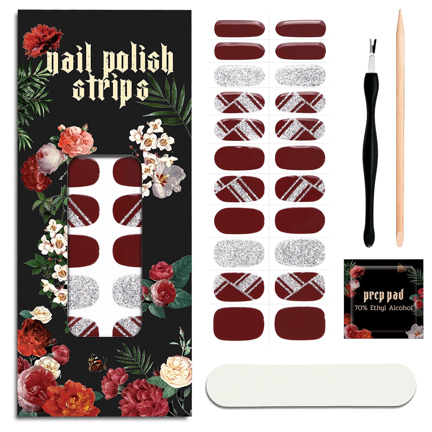ruyeefam Nail Polish Strips (No UV Lamp Needed) - 22 Pcs Salon Quality Gel Nail Stickers - Long Lasting Wraps (Silvered Wine)