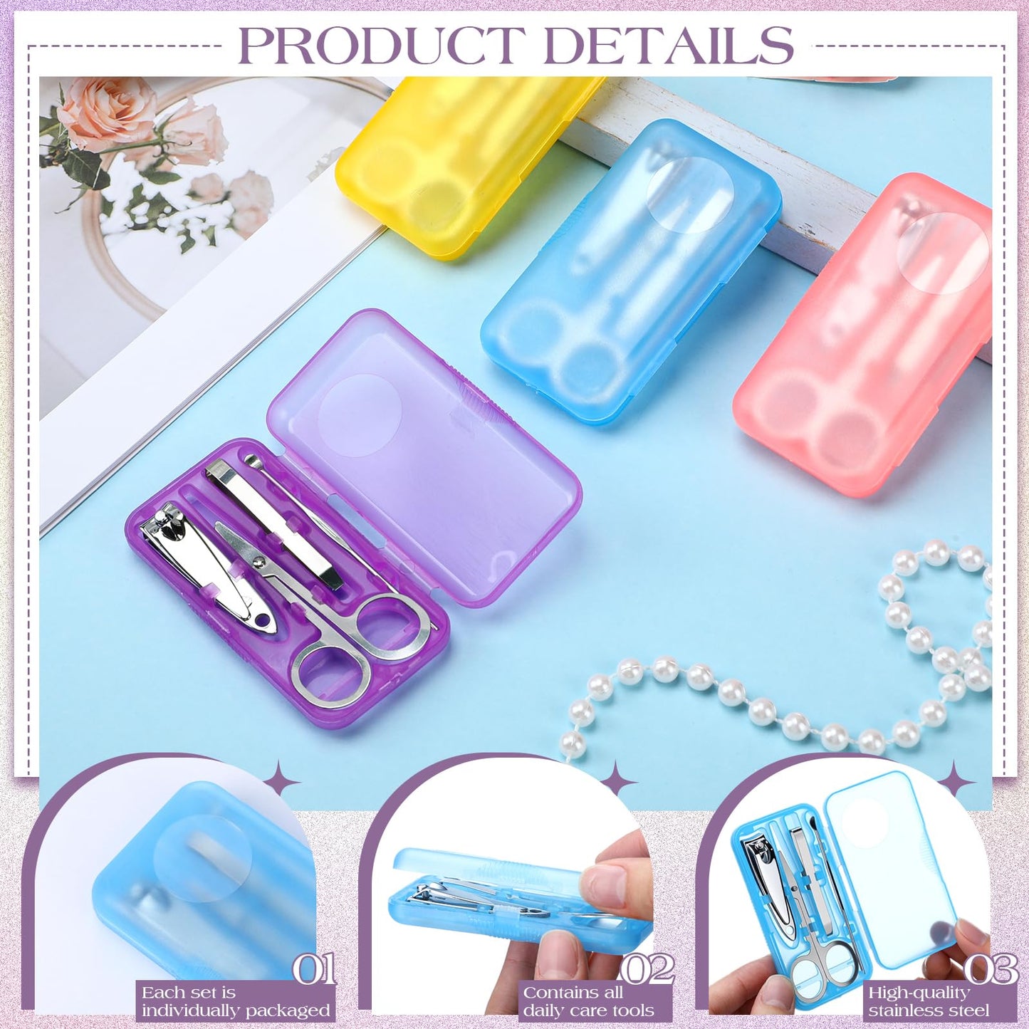 Oh Klyzo 50 Sets Nail Clipper Set 4 in 1 Manicure Kit Bulk Adult Metal Travel Fingernail Manicure Set with Case Individually Wrapped Personal Pedicure Kit Gift for Men Women Hotel(4 Colors)