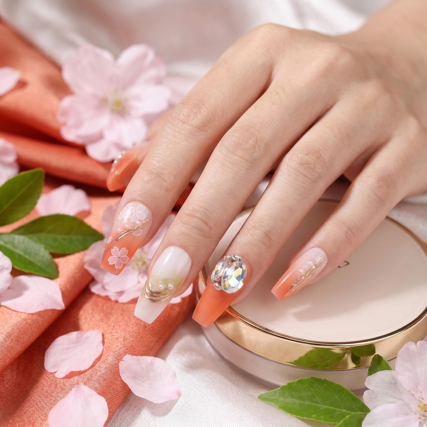 Sun&Beam Nails Handmade Press-On Nails Medium Ballerina Coral Pink Cream White Cherry Blossom Pearl Gold Line Glossy False Nails 10 Pieces (#062 M)