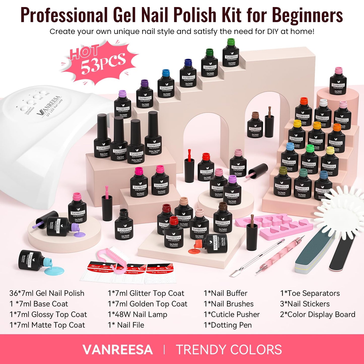 VANREESA Gel Nail Polish Kit with U V Light 53 Pcs Gel Polish Nail Set 36 Popular Colors Nail Polish Set + Base and 4 Effects Top Coat with Manicure Tools Complete Nail Kit Gifts for Women Girls